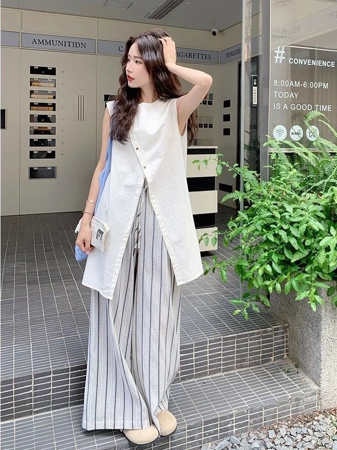 「設計師款」全台僅售50組 高級感無袖上衣+條紋闊腿褲｜鬆弛老錢風 氣質知性美