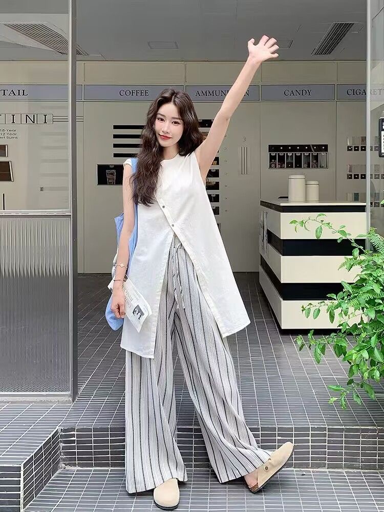 「設計師款」全台僅售50組 高級感無袖上衣+條紋闊腿褲｜鬆弛老錢風 氣質知性美