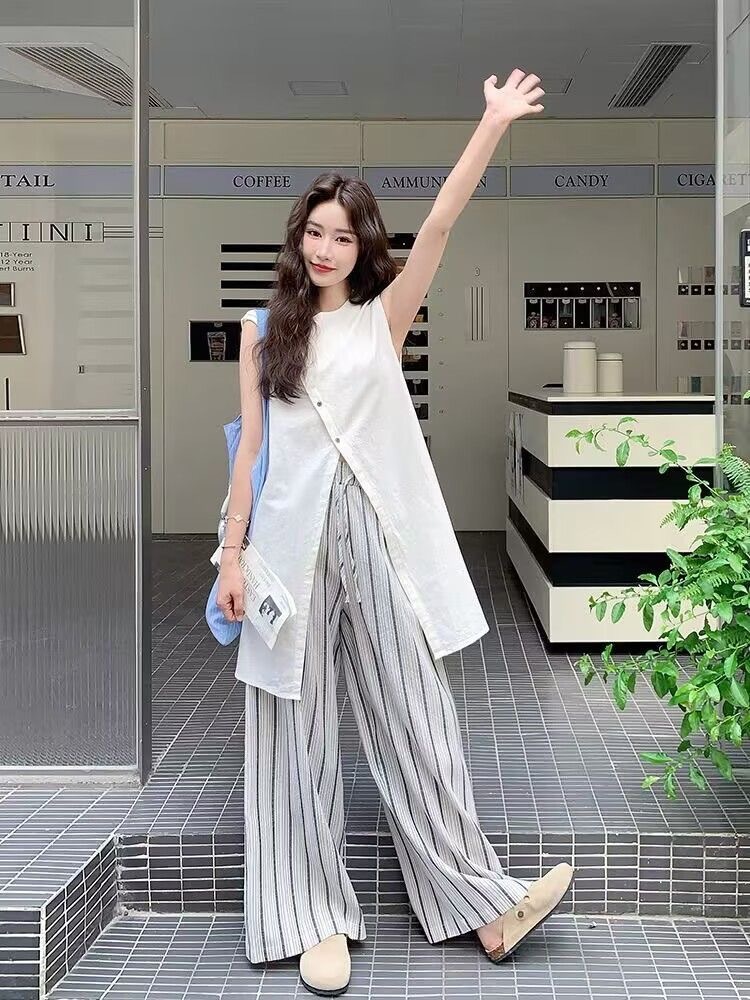 「設計師款」全台僅售50組 高級感無袖上衣+條紋闊腿褲｜鬆弛老錢風 氣質知性美