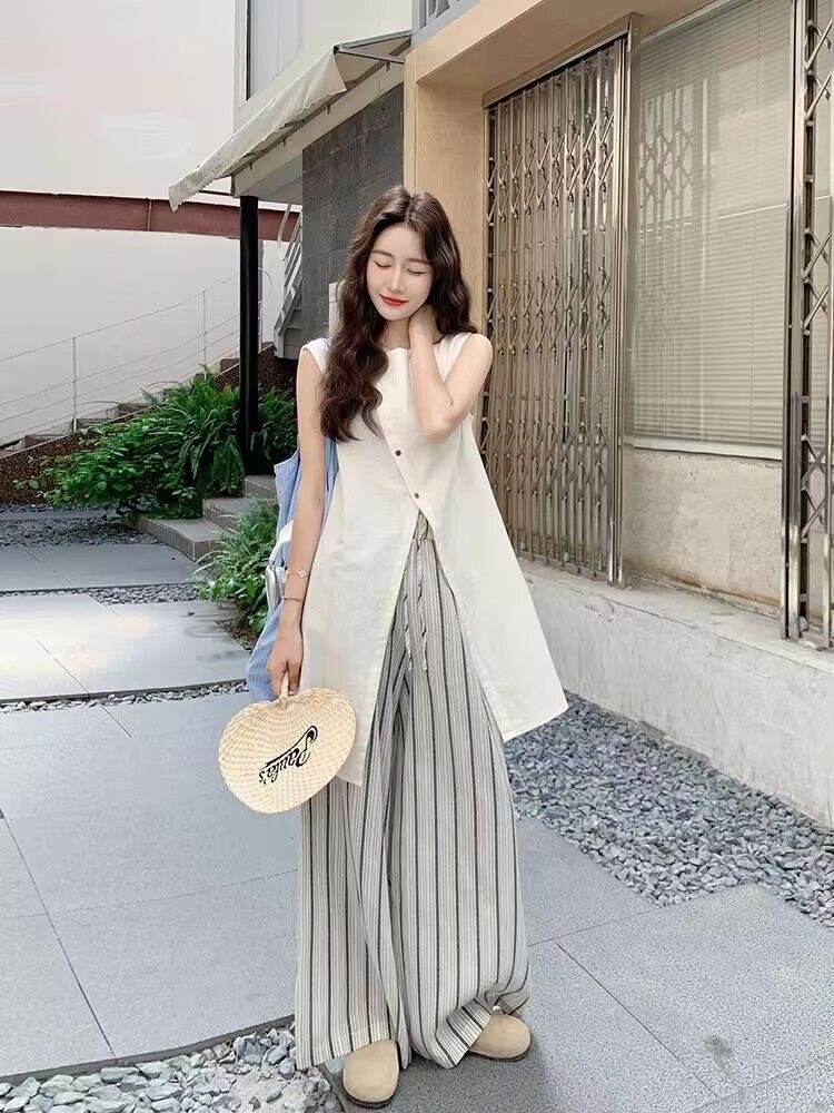 「設計師款」全台僅售50組 高級感無袖上衣+條紋闊腿褲｜鬆弛老錢風 氣質知性美