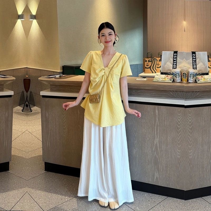 「設計師限量款」韓系V領短袖襯衫 棉麻高級 寬鬆包容｜溫柔風