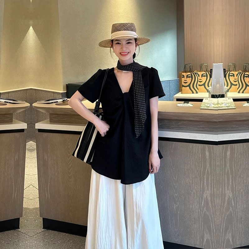 「設計師限量款」韓系V領短袖襯衫 棉麻高級 寬鬆包容｜溫柔風