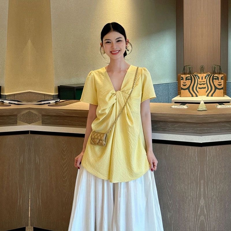 「設計師限量款」韓系V領短袖襯衫 棉麻高級 寬鬆包容｜溫柔風