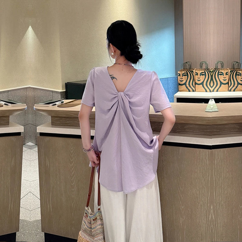 「設計師限量款」韓系V領短袖襯衫 棉麻高級 寬鬆包容｜溫柔風