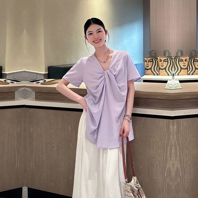 「設計師限量款」韓系V領短袖襯衫 棉麻高級 寬鬆包容｜溫柔風