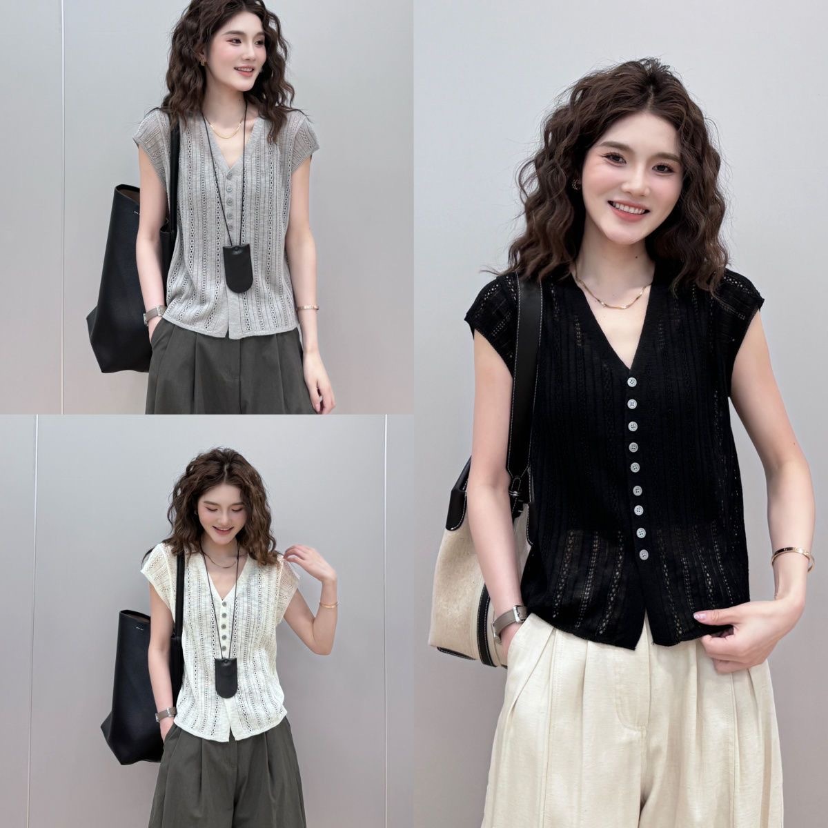 「知性美」氣質短袖針織上衣 鈕扣設計 V領顯瘦 通勤百搭