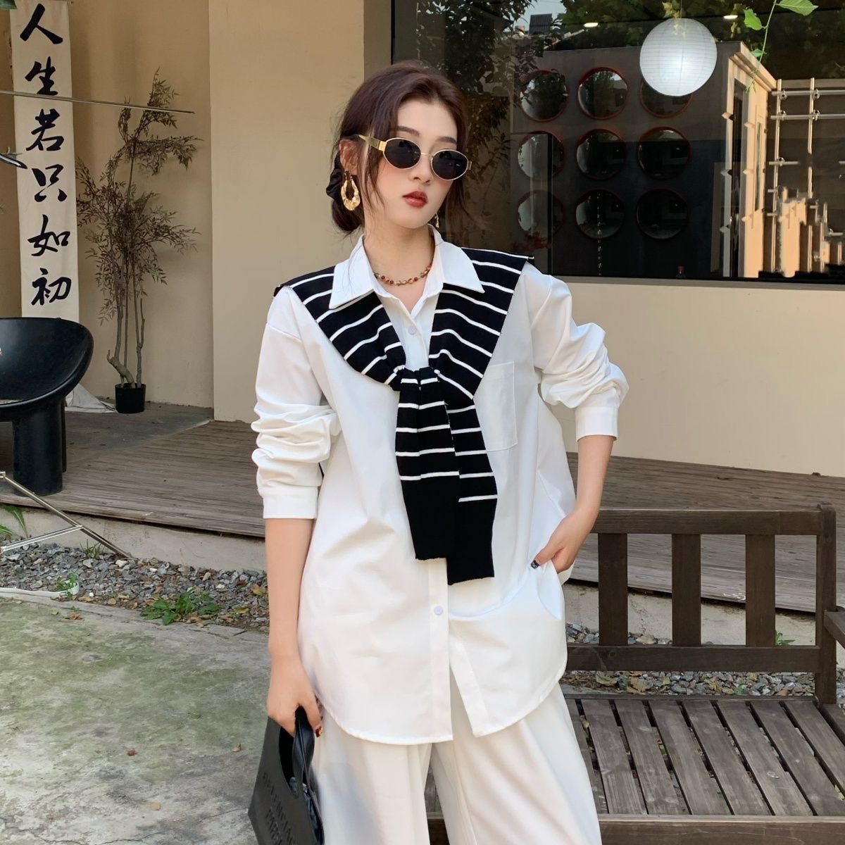 「限量特製款」妮娜自留 休閒氣質老錢風 長袖+長褲+披風套裝 寬鬆百搭 不透色不透肉