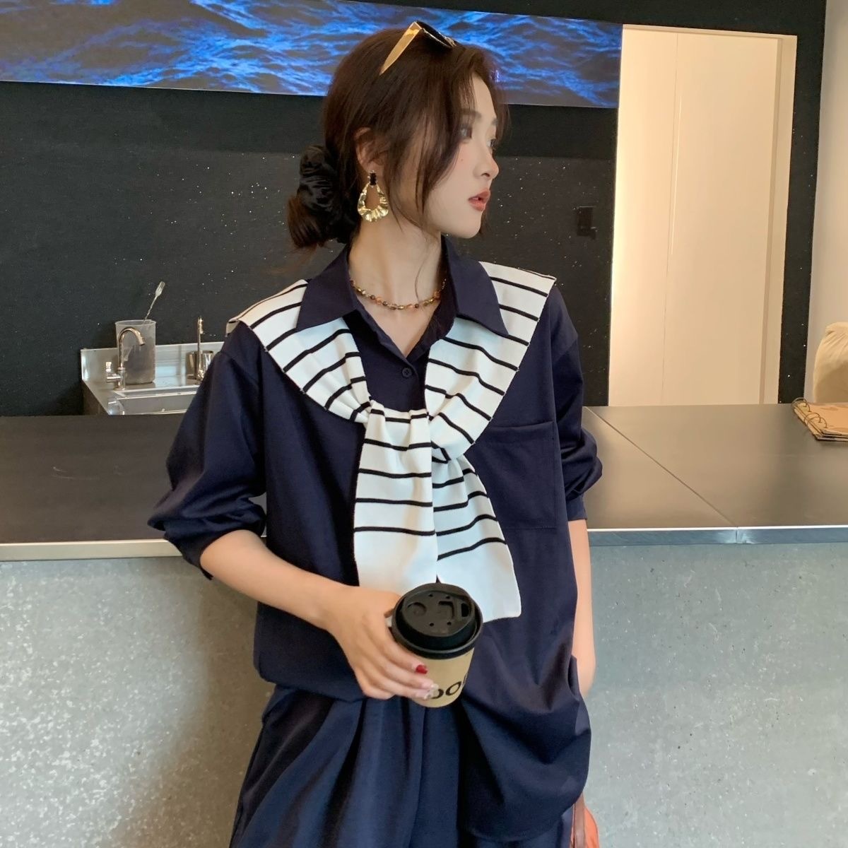 「限量特製款」妮娜自留 休閒氣質老錢風 長袖+長褲+披風套裝 寬鬆百搭 不透色不透肉