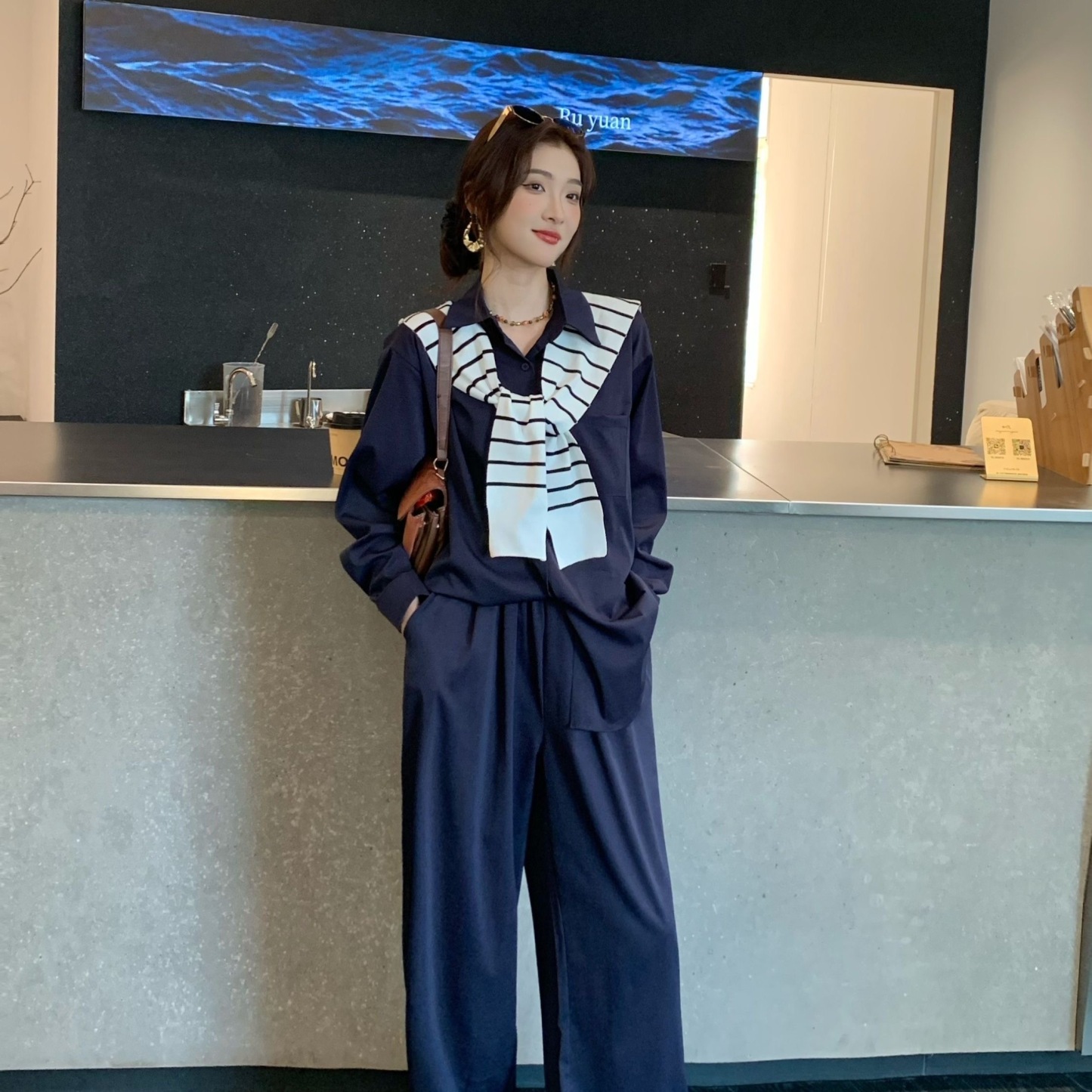 「限量特製款」妮娜自留 休閒氣質老錢風 長袖+長褲+披風套裝 寬鬆百搭 不透色不透肉