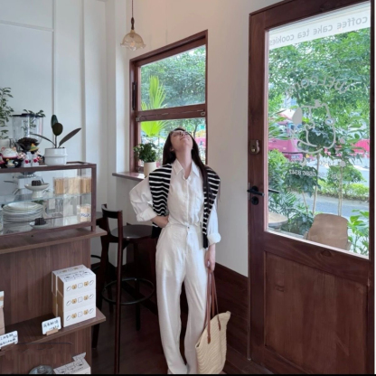 「限量特製款」妮娜自留 休閒氣質老錢風 長袖+長褲+披風套裝 寬鬆百搭 不透色不透肉