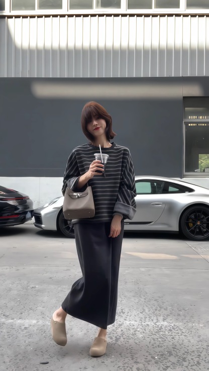 預售10天出貨｜僅售100套 秋冬慵懶風套頭衛衣條紋+休閒半身裙 顯瘦遮肉 溫柔風