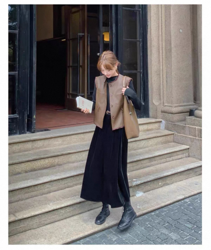 秋冬氣質套裝 絲絨拼接連衣裙+皮革馬甲｜氣質穿搭 顯瘦遮肉