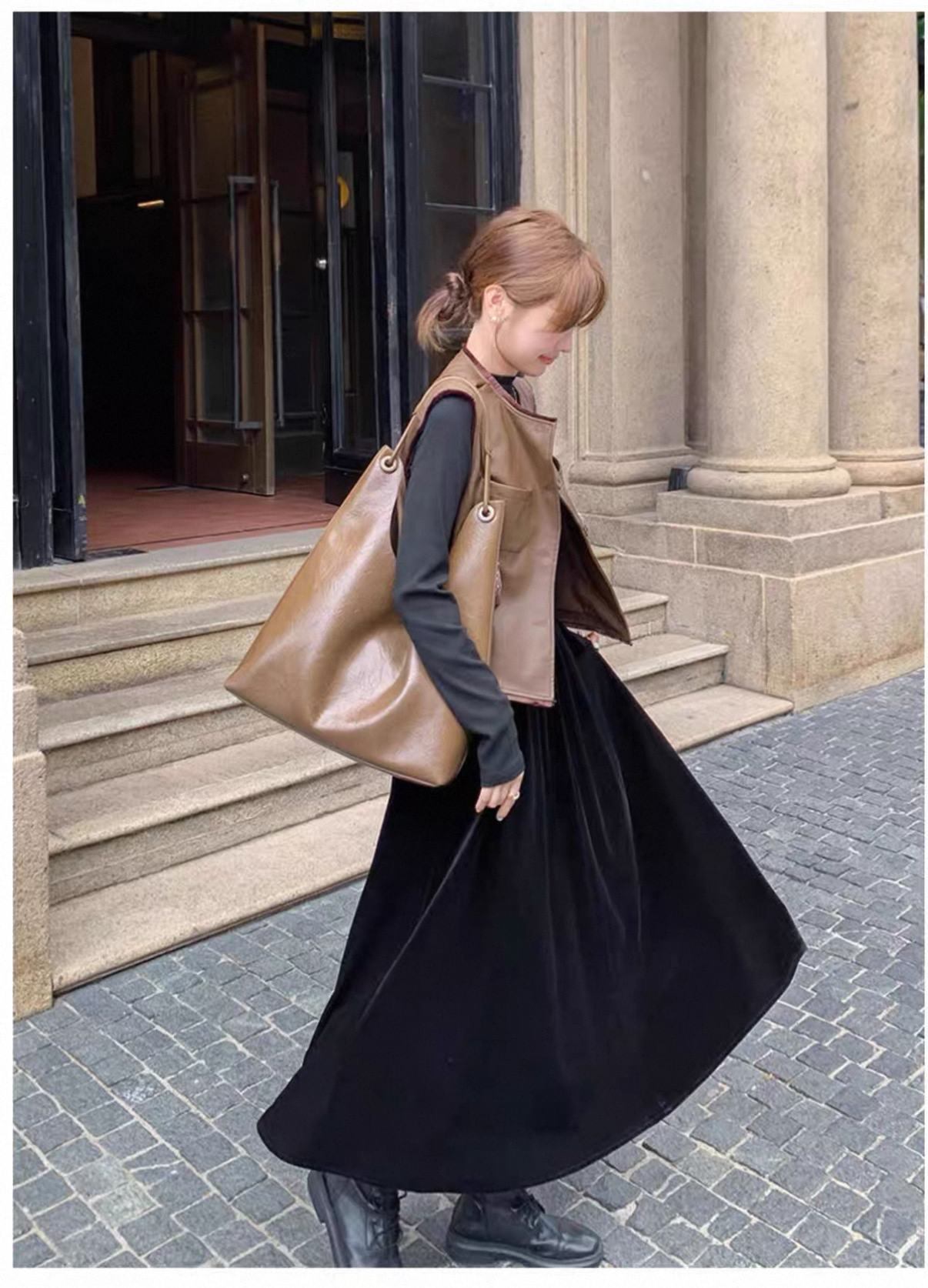 秋冬氣質套裝 絲絨拼接連衣裙+皮革馬甲｜氣質穿搭 顯瘦遮肉