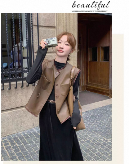 秋冬氣質套裝 絲絨拼接連衣裙+皮革馬甲｜氣質穿搭 顯瘦遮肉