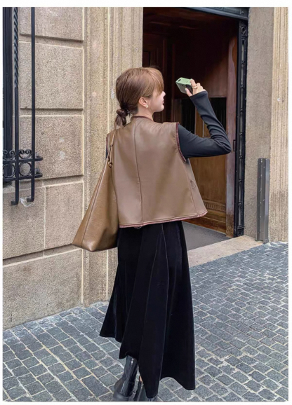 秋冬氣質套裝 絲絨拼接連衣裙+皮革馬甲｜氣質穿搭 顯瘦遮肉