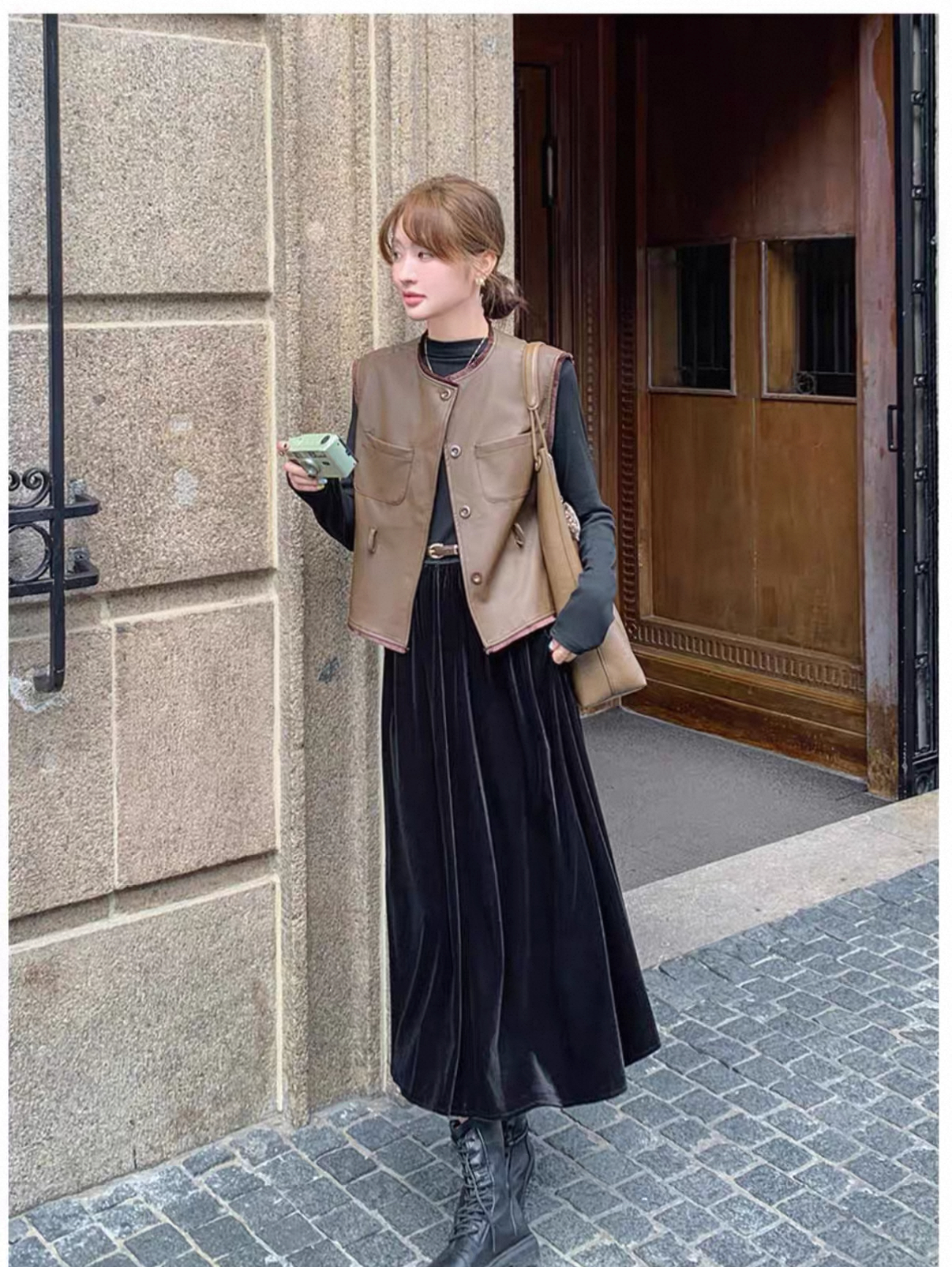 秋冬氣質套裝 絲絨拼接連衣裙+皮革馬甲｜氣質穿搭 顯瘦遮肉