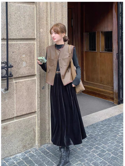 秋冬氣質套裝 絲絨拼接連衣裙+皮革馬甲｜氣質穿搭 顯瘦遮肉