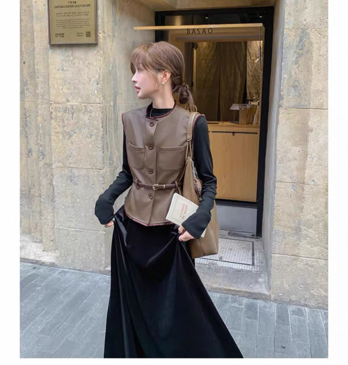 秋冬氣質套裝 絲絨拼接連衣裙+皮革馬甲｜氣質穿搭 顯瘦遮肉