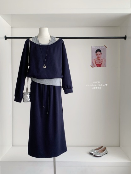 【巨溫柔】秋季 露肩假兩件衛衣+高腰半身長裙套裝