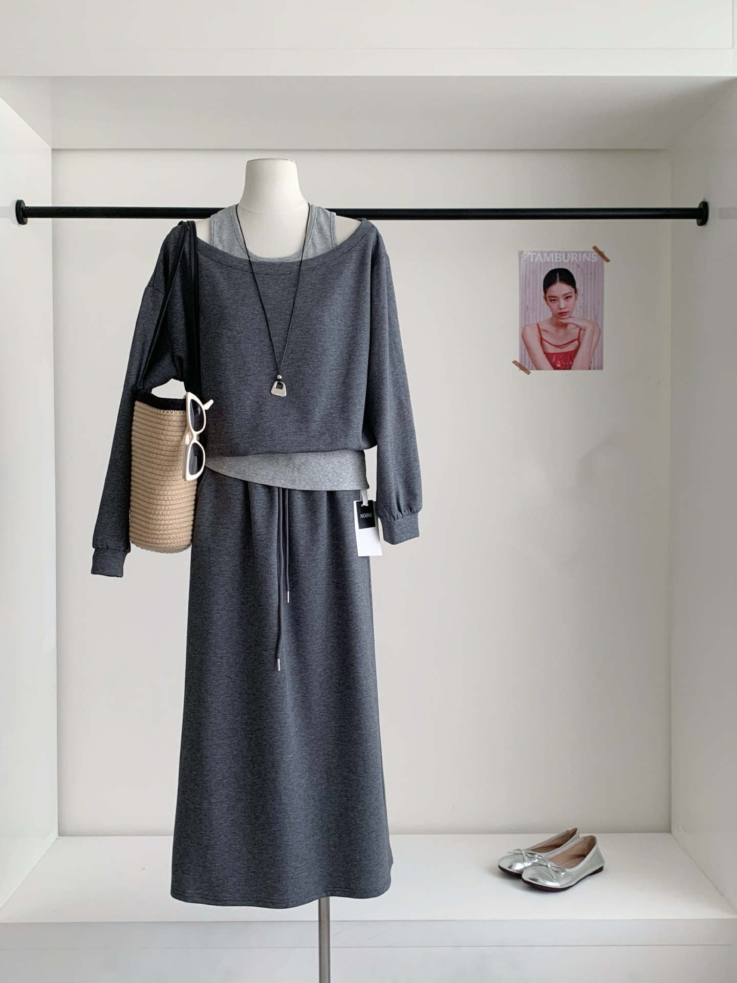 【巨溫柔】秋季 露肩假兩件衛衣+高腰半身長裙套裝