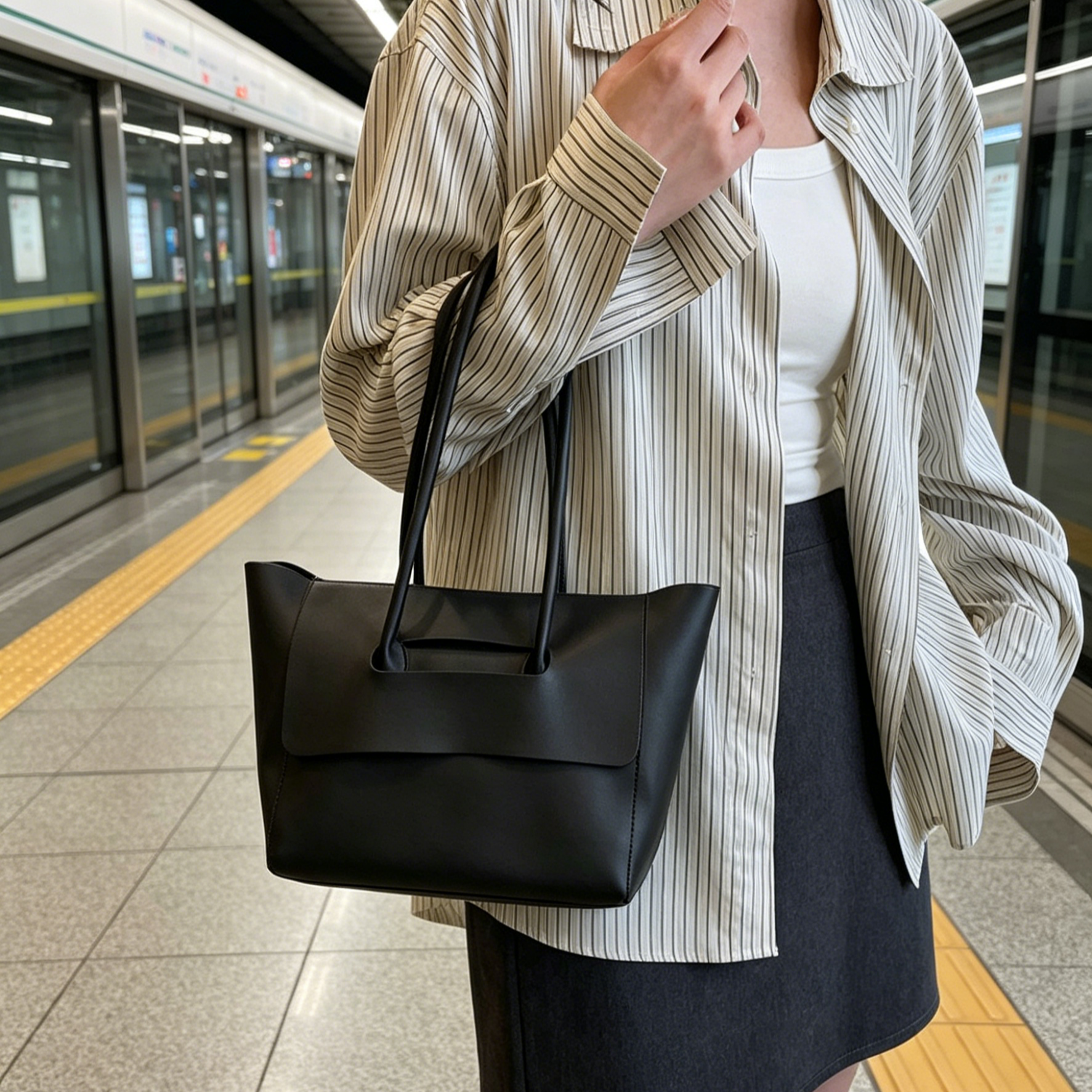 กระเป๋าโท้ท Unisex กระเป๋าสะพายข้างใบใหญ่ ดีไซน์ฝาเปิดหน้า ความจุสูง ใส่แล็ปท็อปและไอแพดได้ สัมผัสหนังพรีเมียมเรียบหรู ทรงคลาสสิกเหนือกาลเวลา ใช้ได้ทั้งผู้ชายและผู้หญิง สำหรับทำงานและใช้ในชีวิตประจำวัน