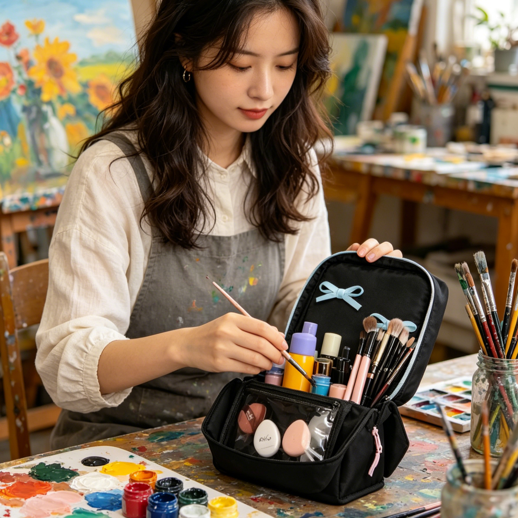 กระเป๋าเครื่องสำอางทรงตั้ง จุเยอะ ลายโบว์ - แบ่ง 6 ช่อง เปิดปิดแม่เหล็ก หยิบง่ายไม่ต้องคุ้ย วางมือถือได้