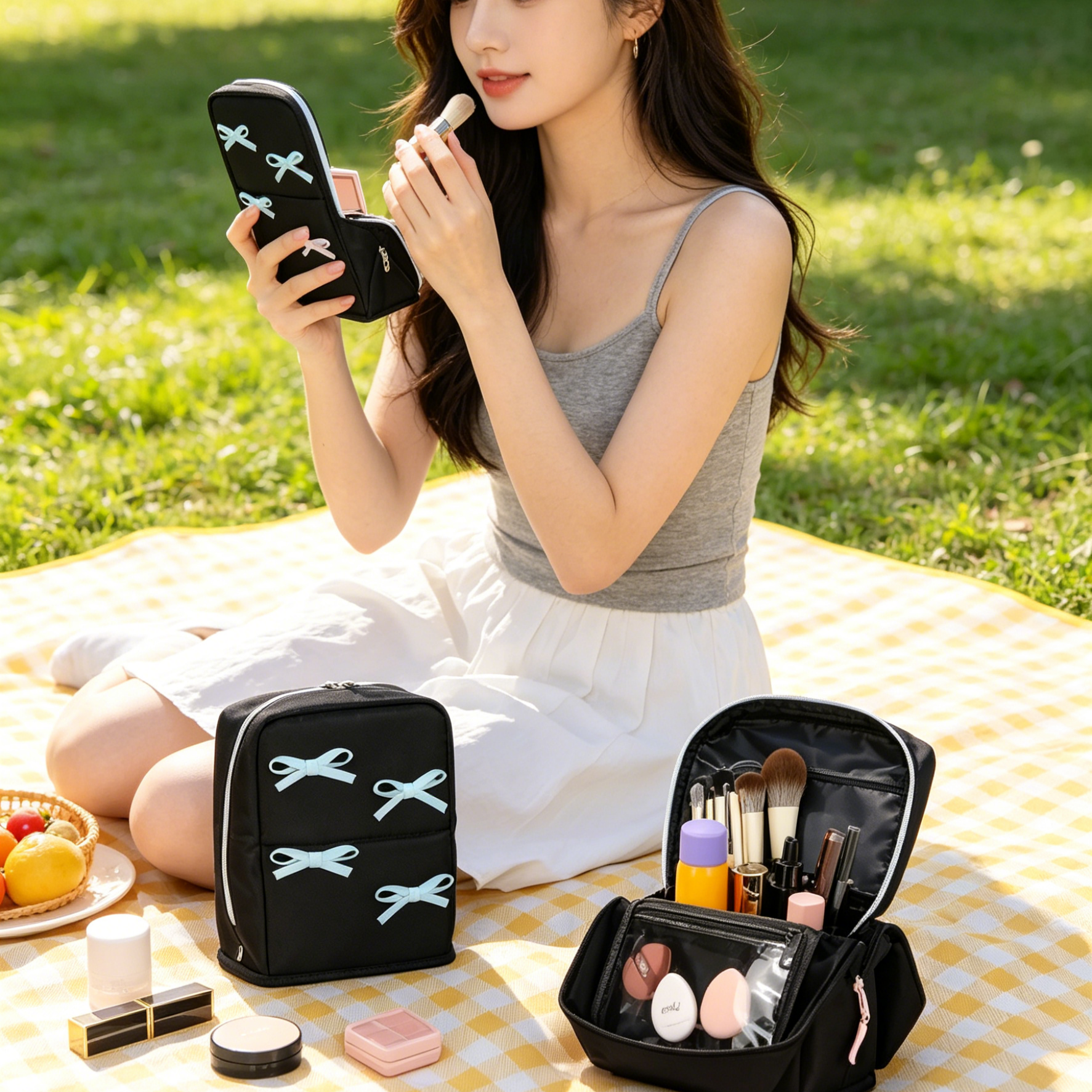 กระเป๋าเครื่องสำอางทรงตั้ง จุเยอะ ลายโบว์ - แบ่ง 6 ช่อง เปิดปิดแม่เหล็ก หยิบง่ายไม่ต้องคุ้ย วางมือถือได้