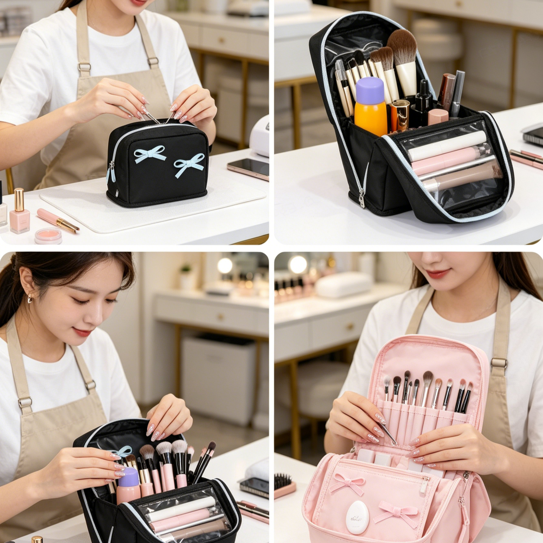 กระเป๋าเครื่องสำอางทรงตั้ง จุเยอะ ลายโบว์ - แบ่ง 6 ช่อง เปิดปิดแม่เหล็ก หยิบง่ายไม่ต้องคุ้ย วางมือถือได้