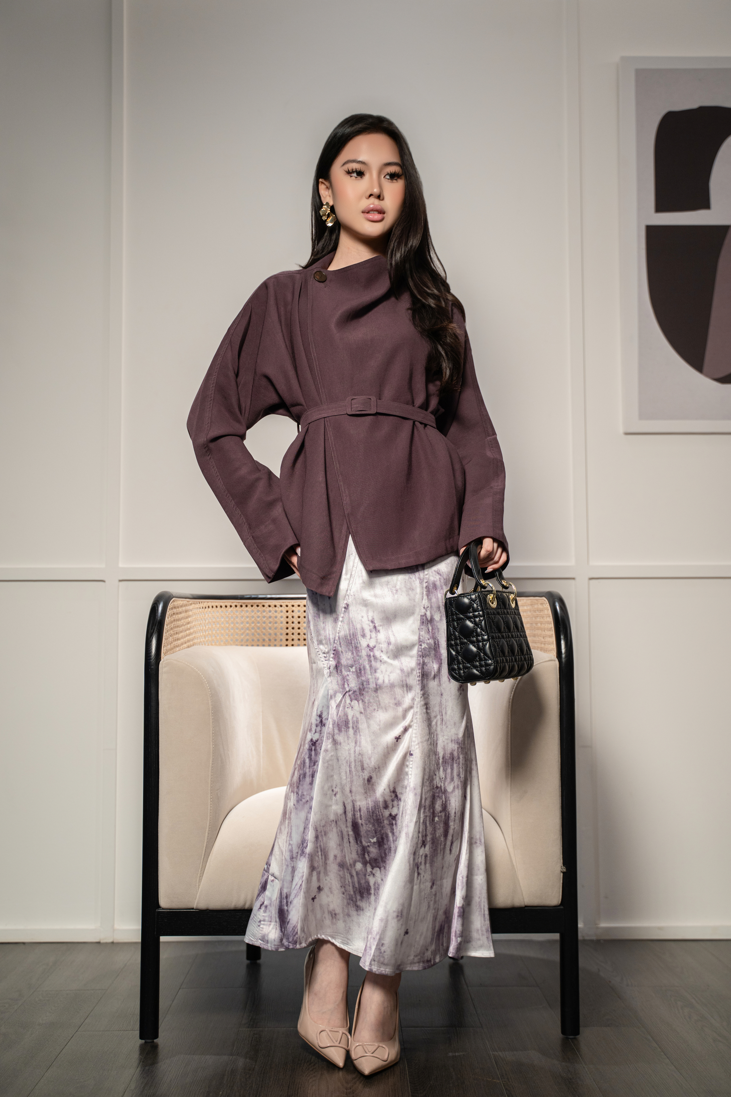 Marble Satin Bias Midi Skirt MC2121
