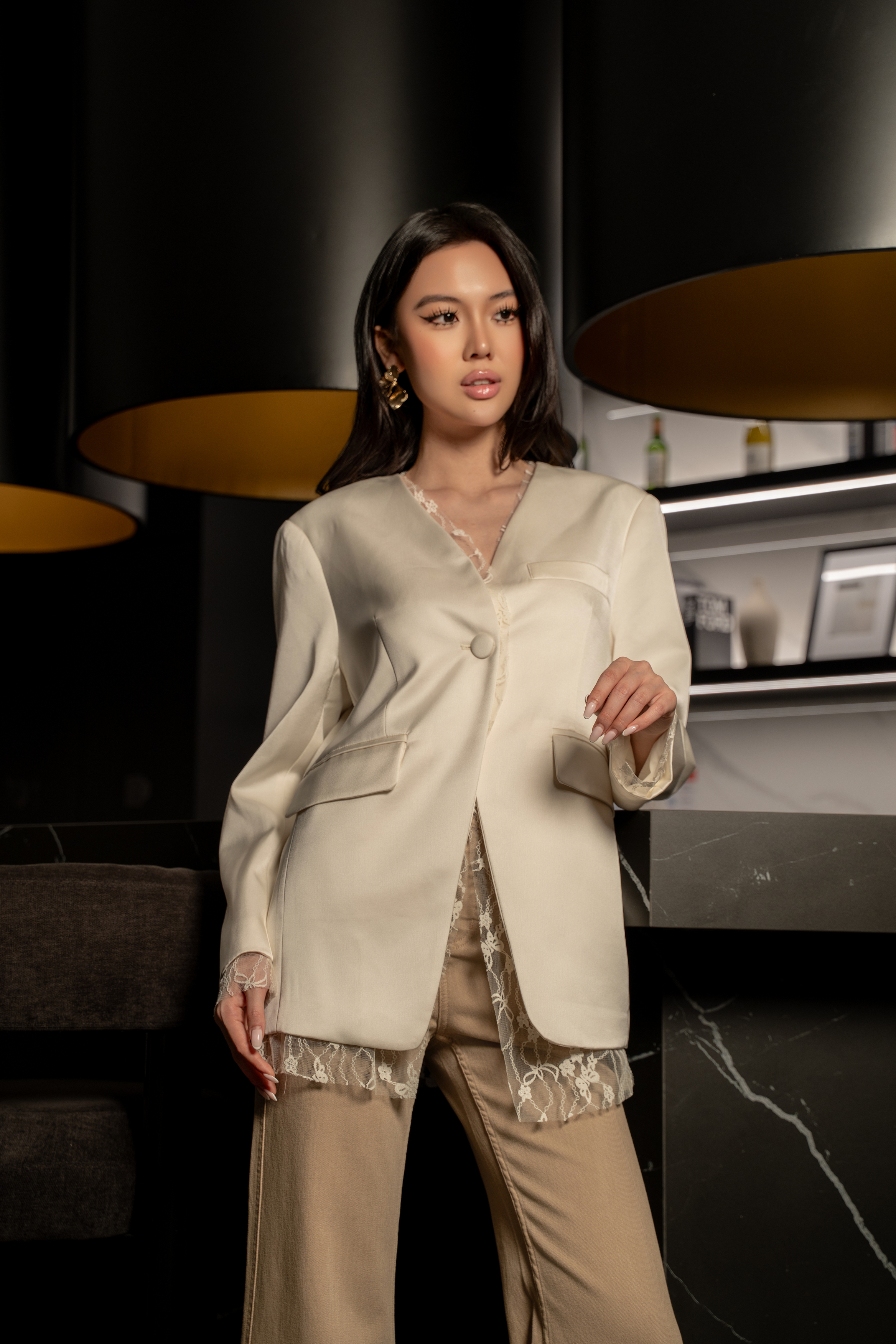 Lace-Trim Satin Longline Top MC2138