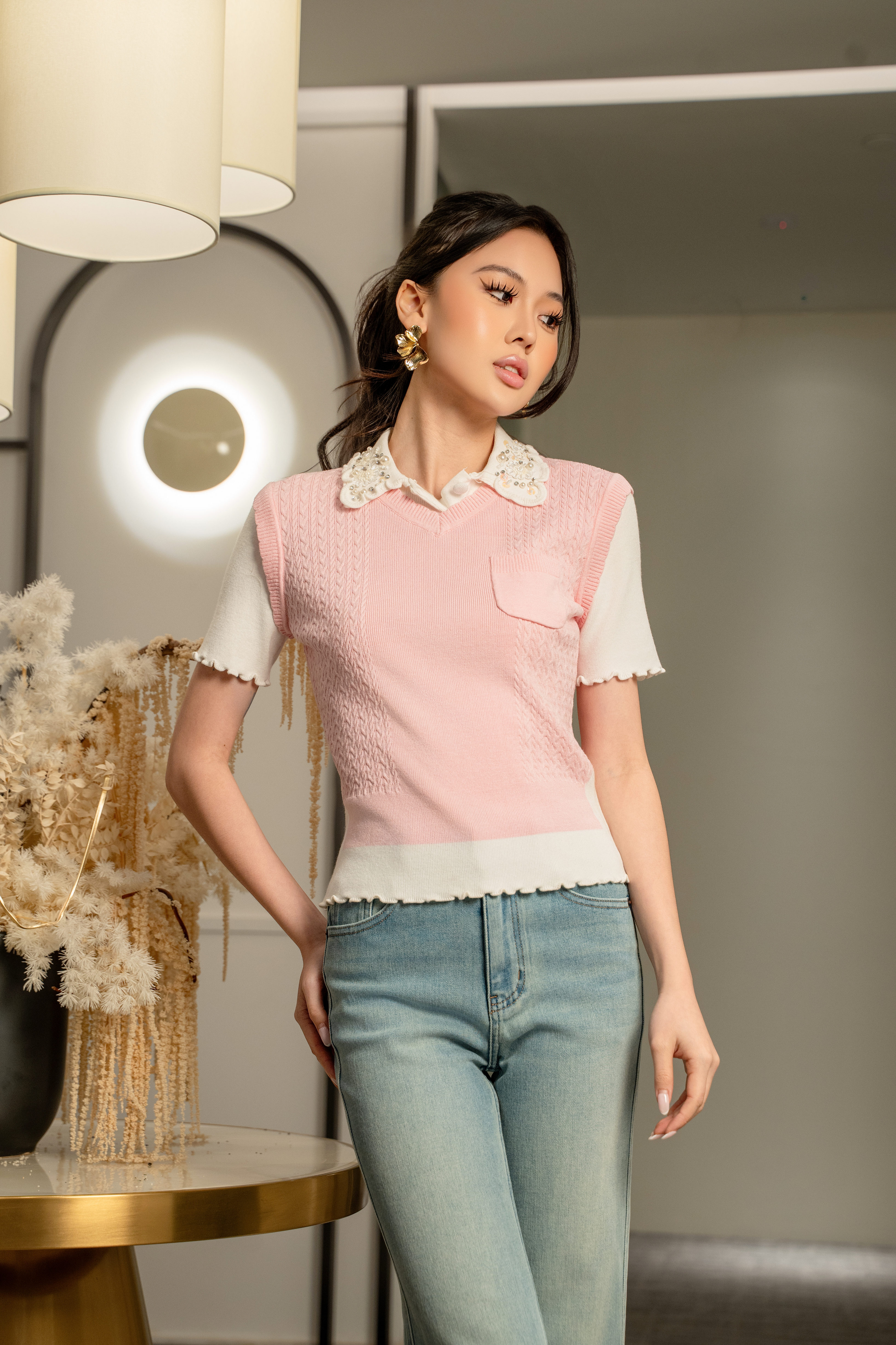 Lace Collar Layered Knit Top MC2150