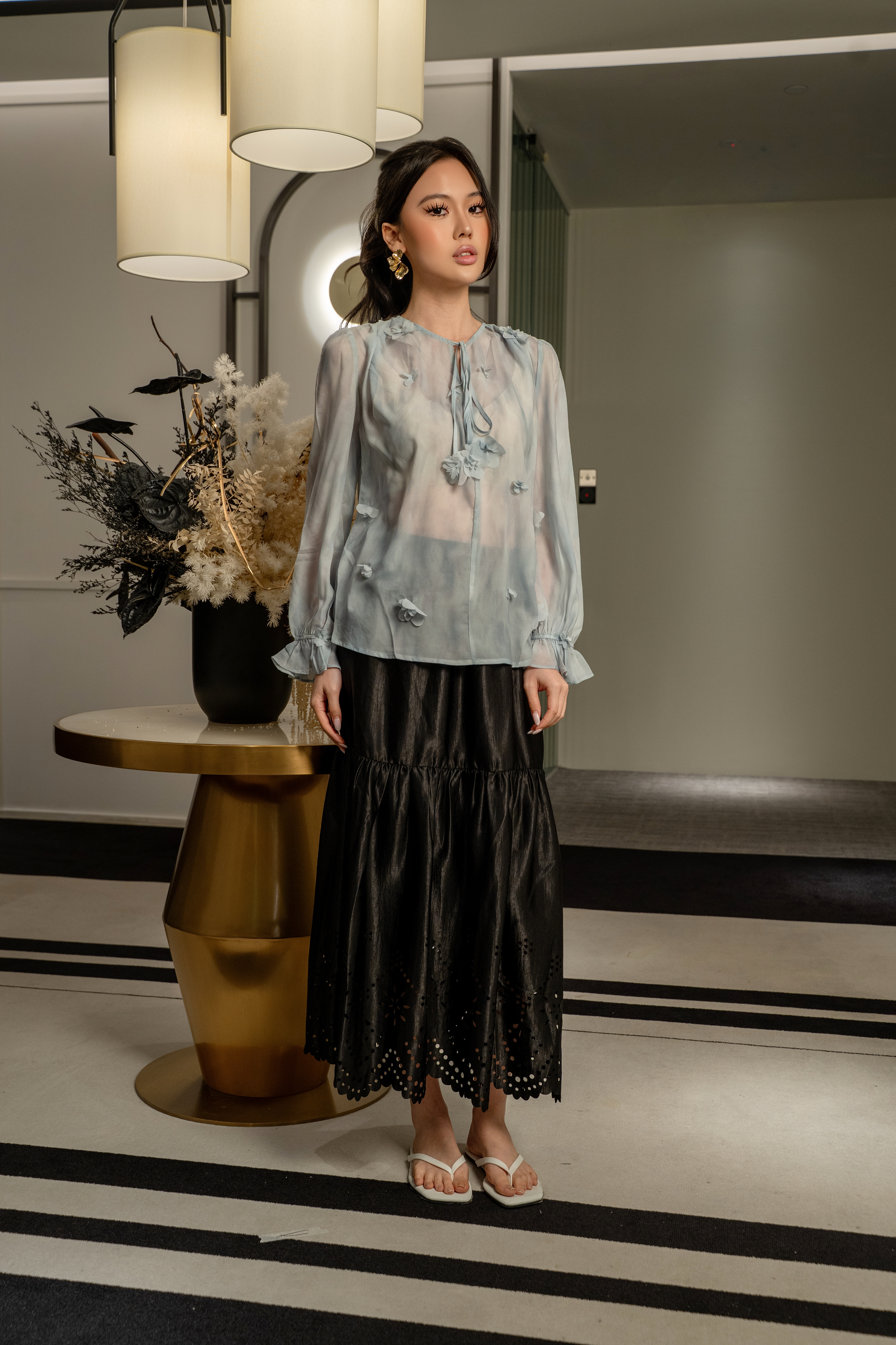 Sheer Floral Tie-Neck Top MC2146