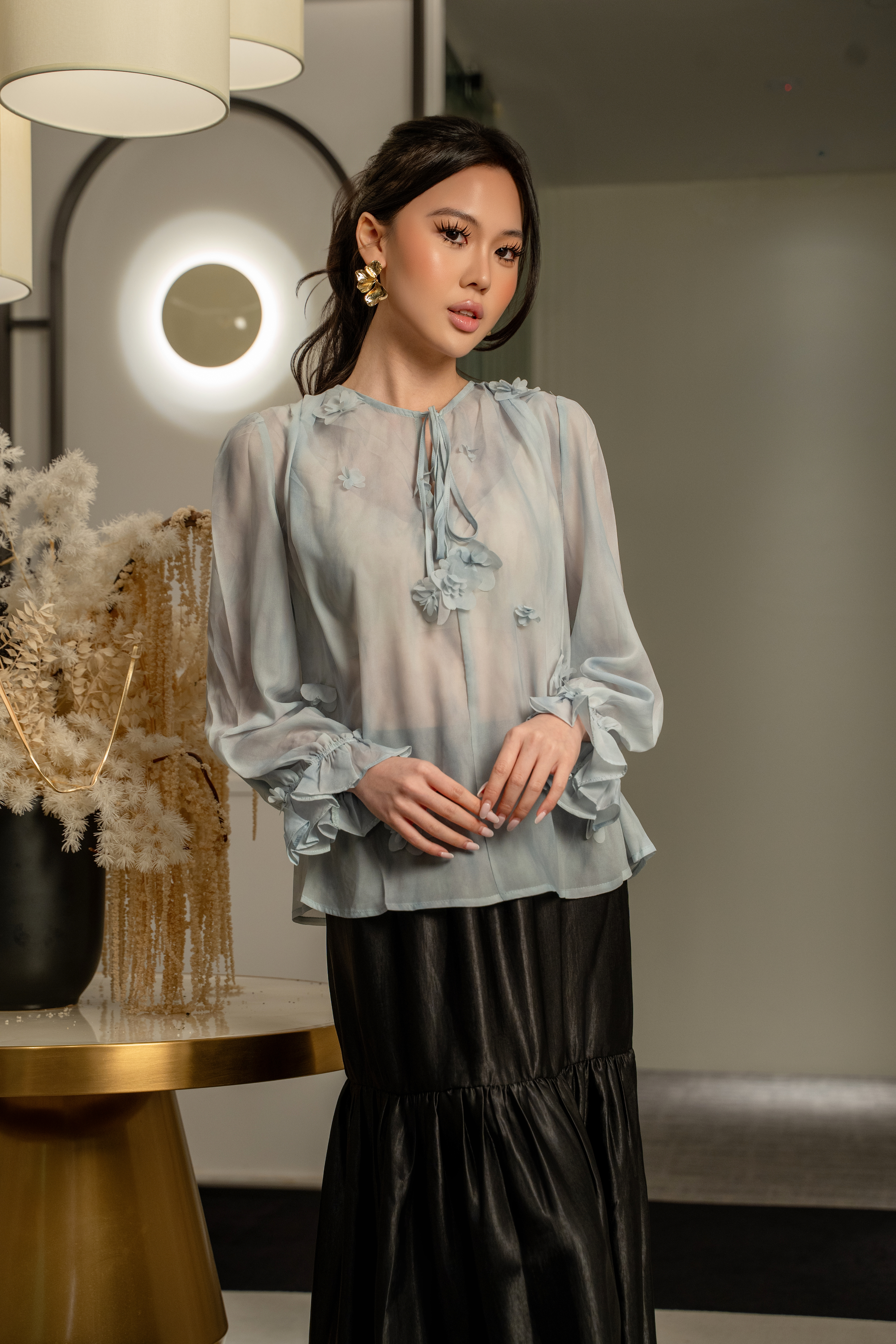 Sheer Floral Tie-Neck Top MC2146