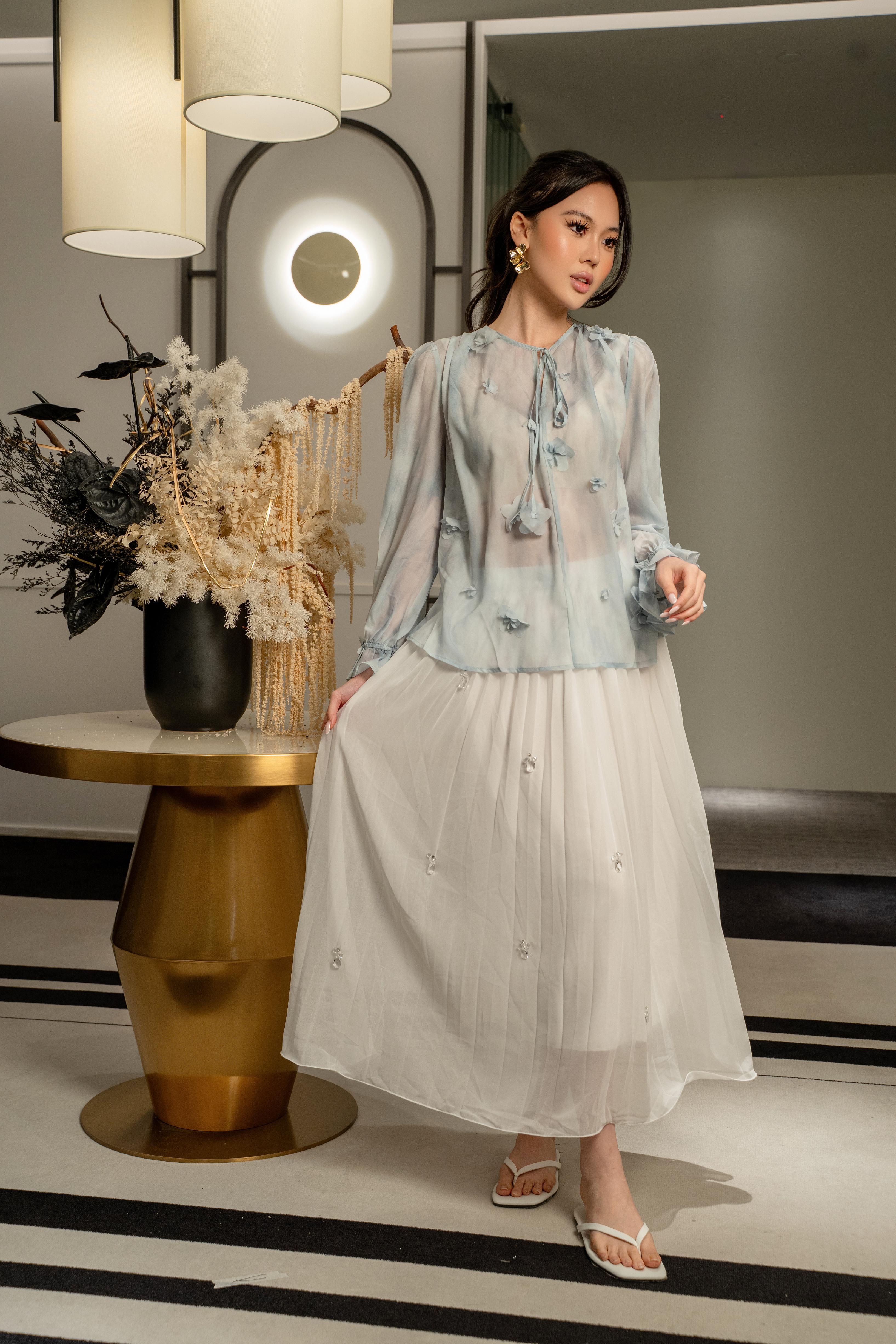 Sheer Floral Tie-Neck Top MC2146