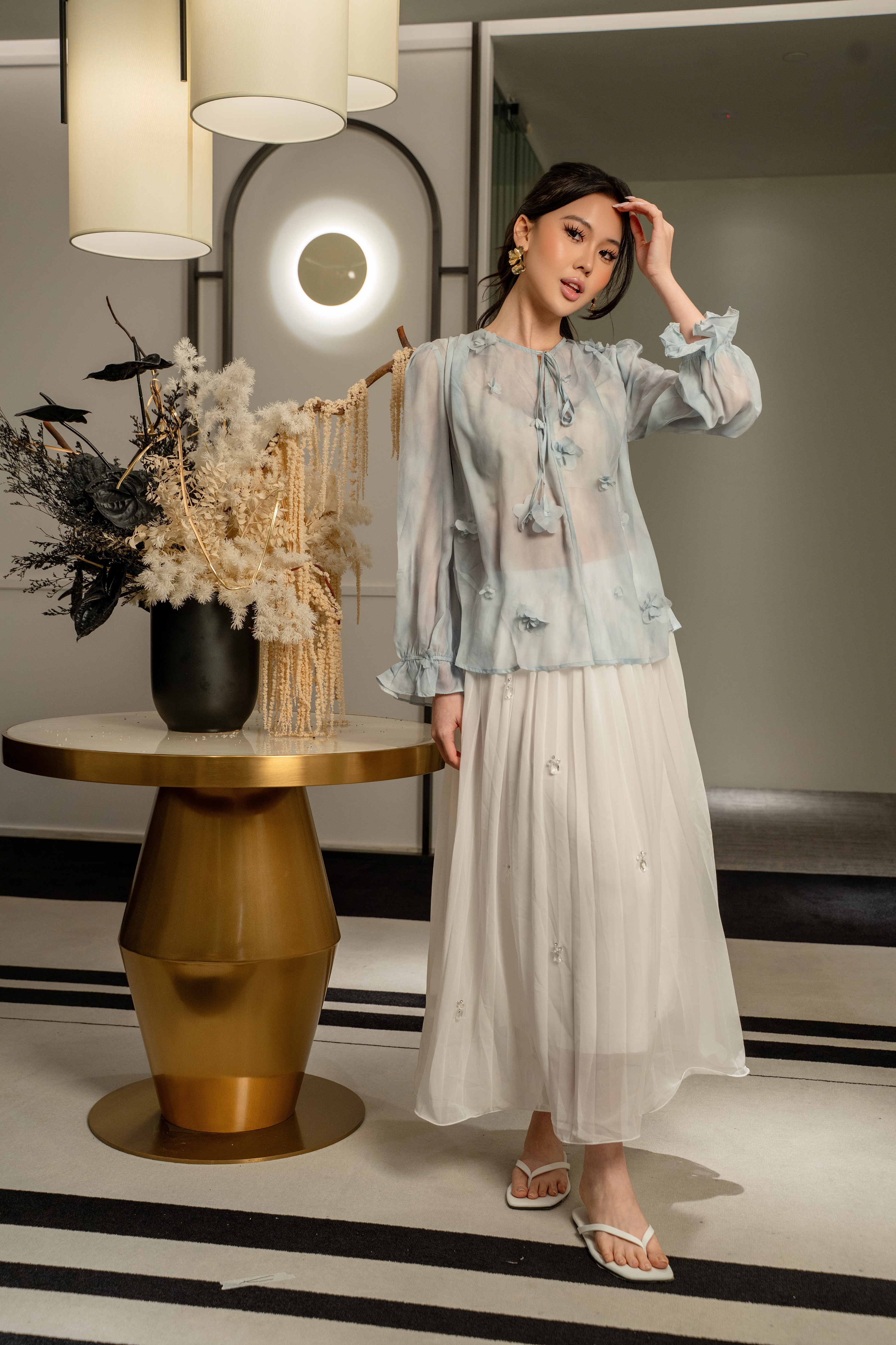 Sheer Floral Tie-Neck Top MC2146