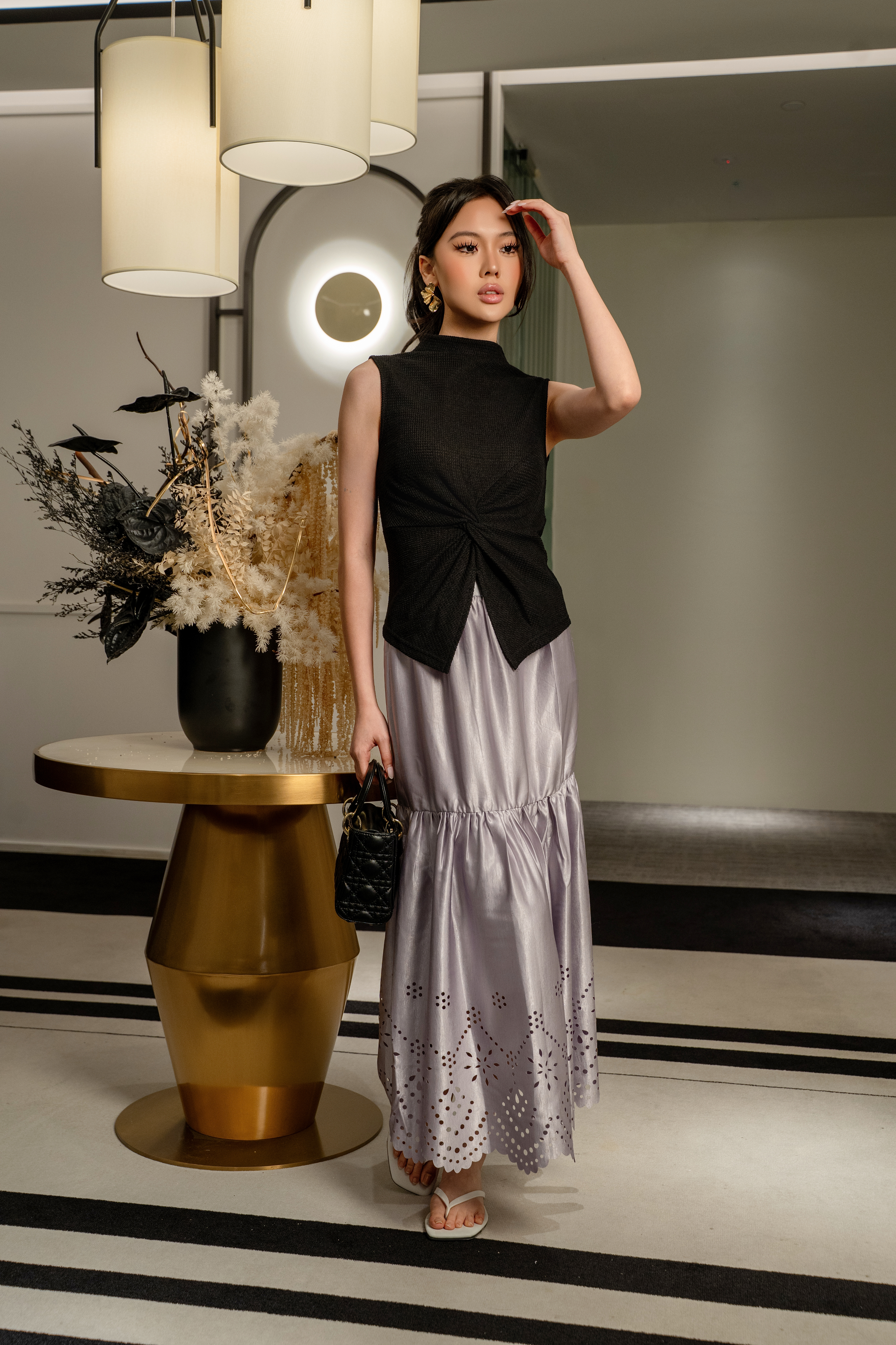 Eyelet Hem Tiered Midi Skirt MC2164