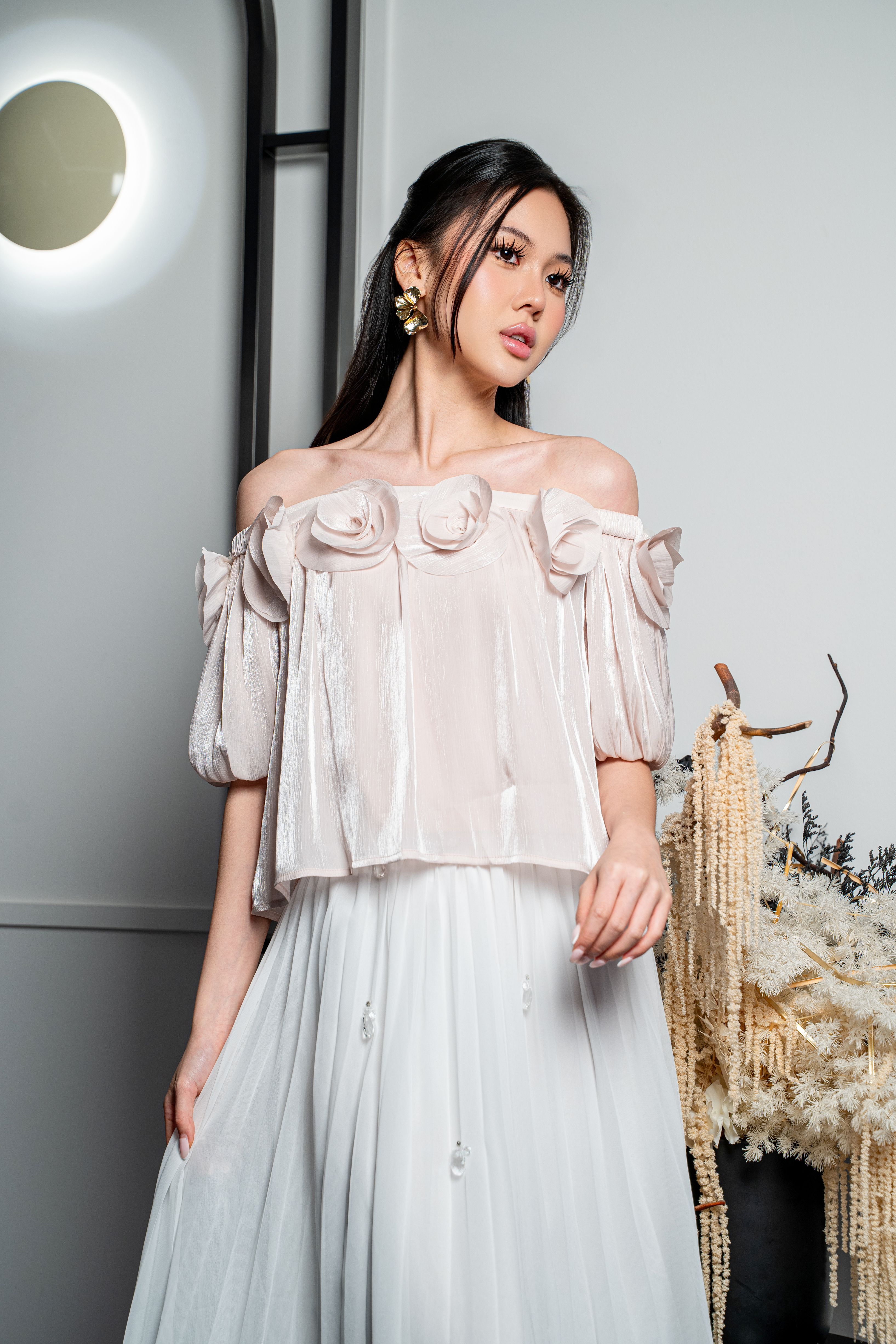 Rosette Ruched Off-Shoulder Top MC2174