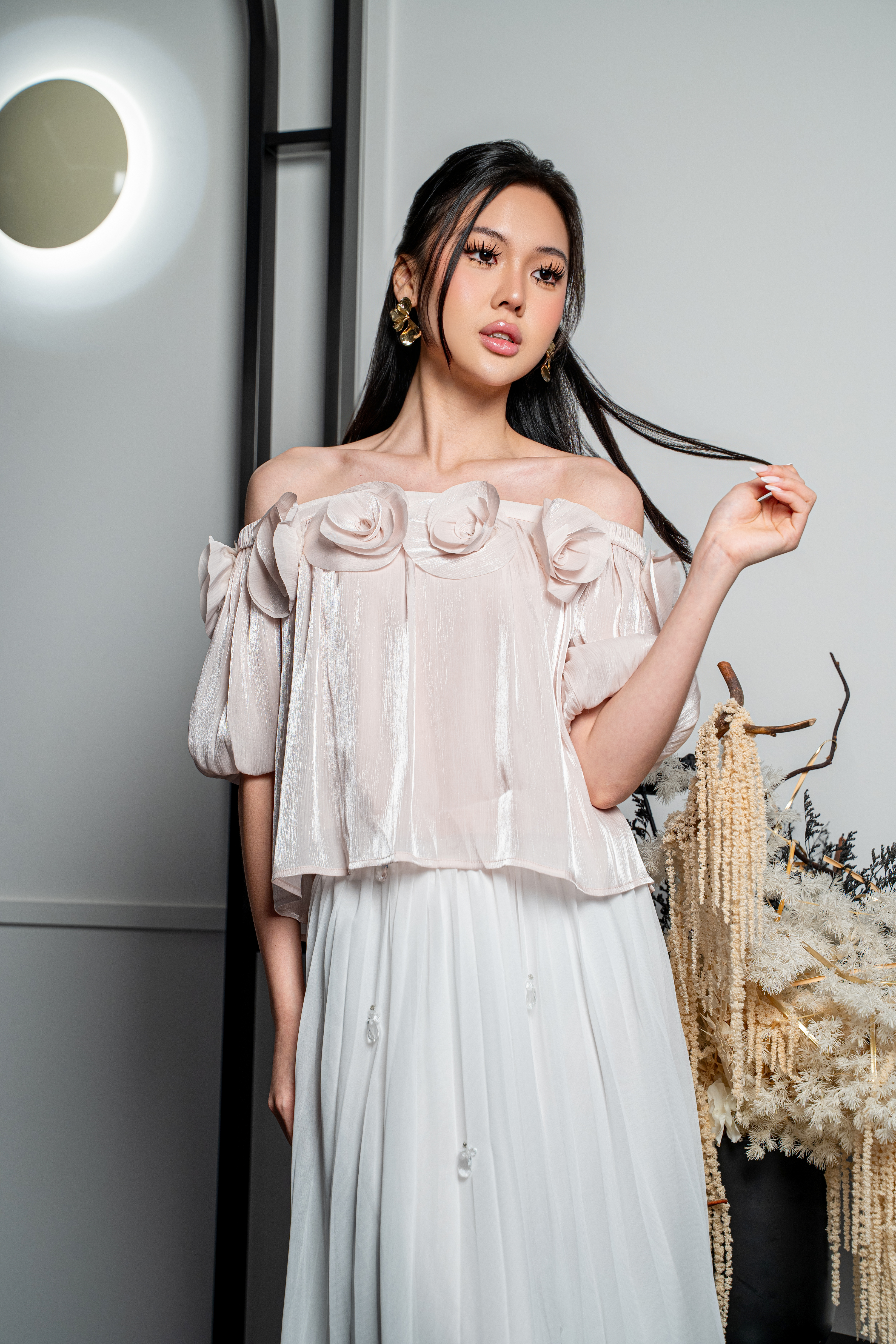 Rosette Ruched Off-Shoulder Top MC2174
