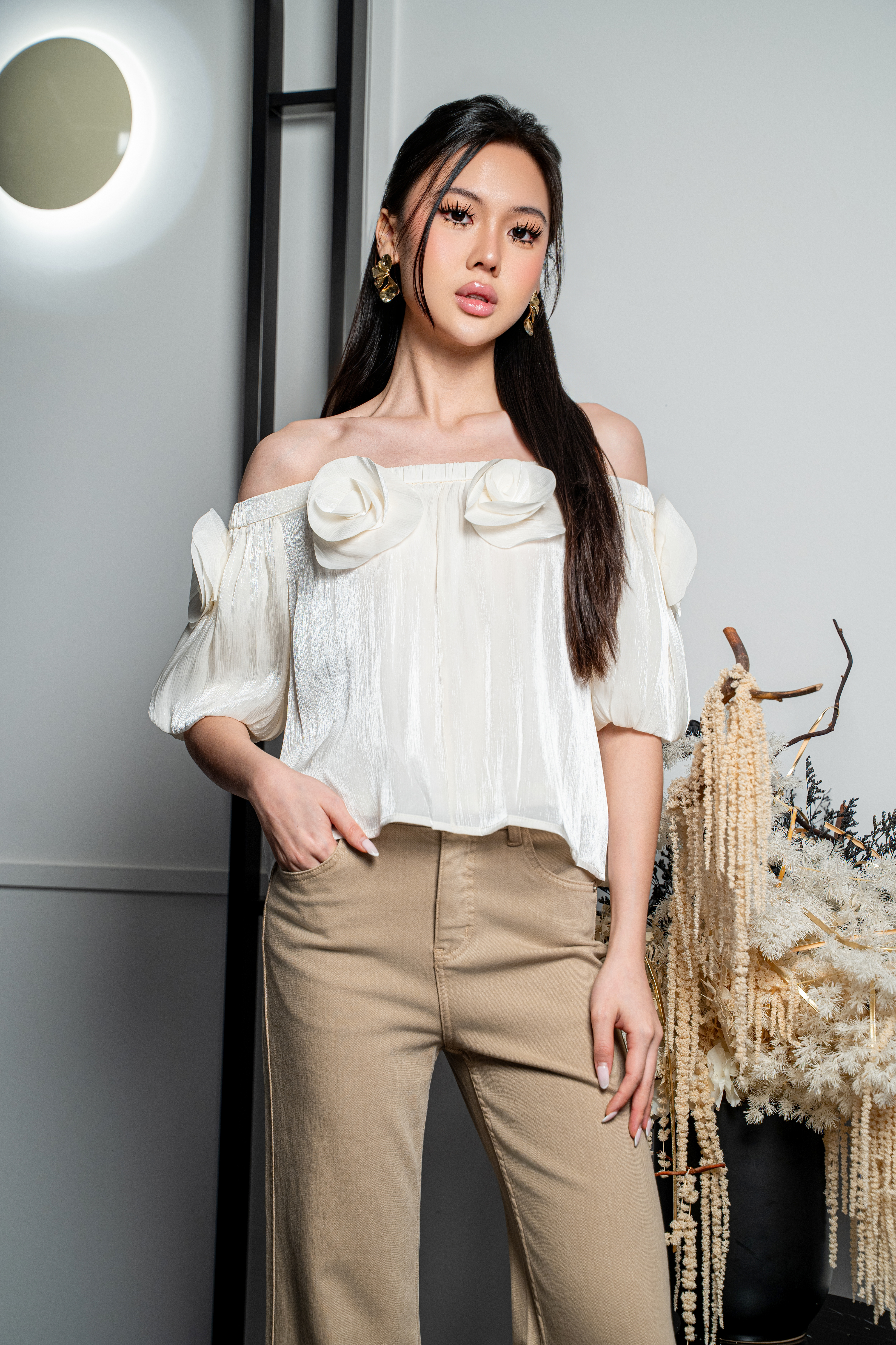 Rosette Ruched Off-Shoulder Top MC2174