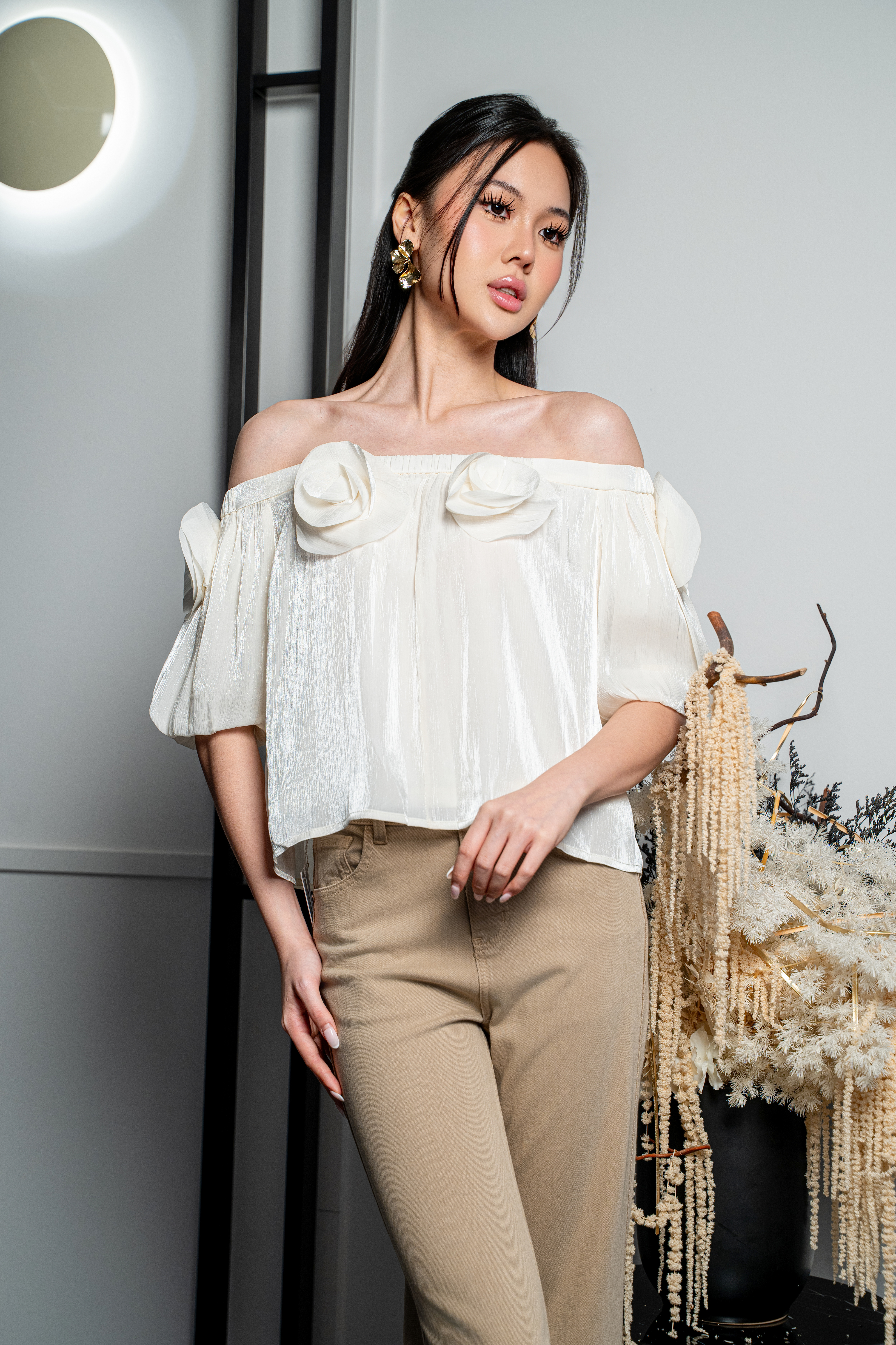 Rosette Ruched Off-Shoulder Top MC2174