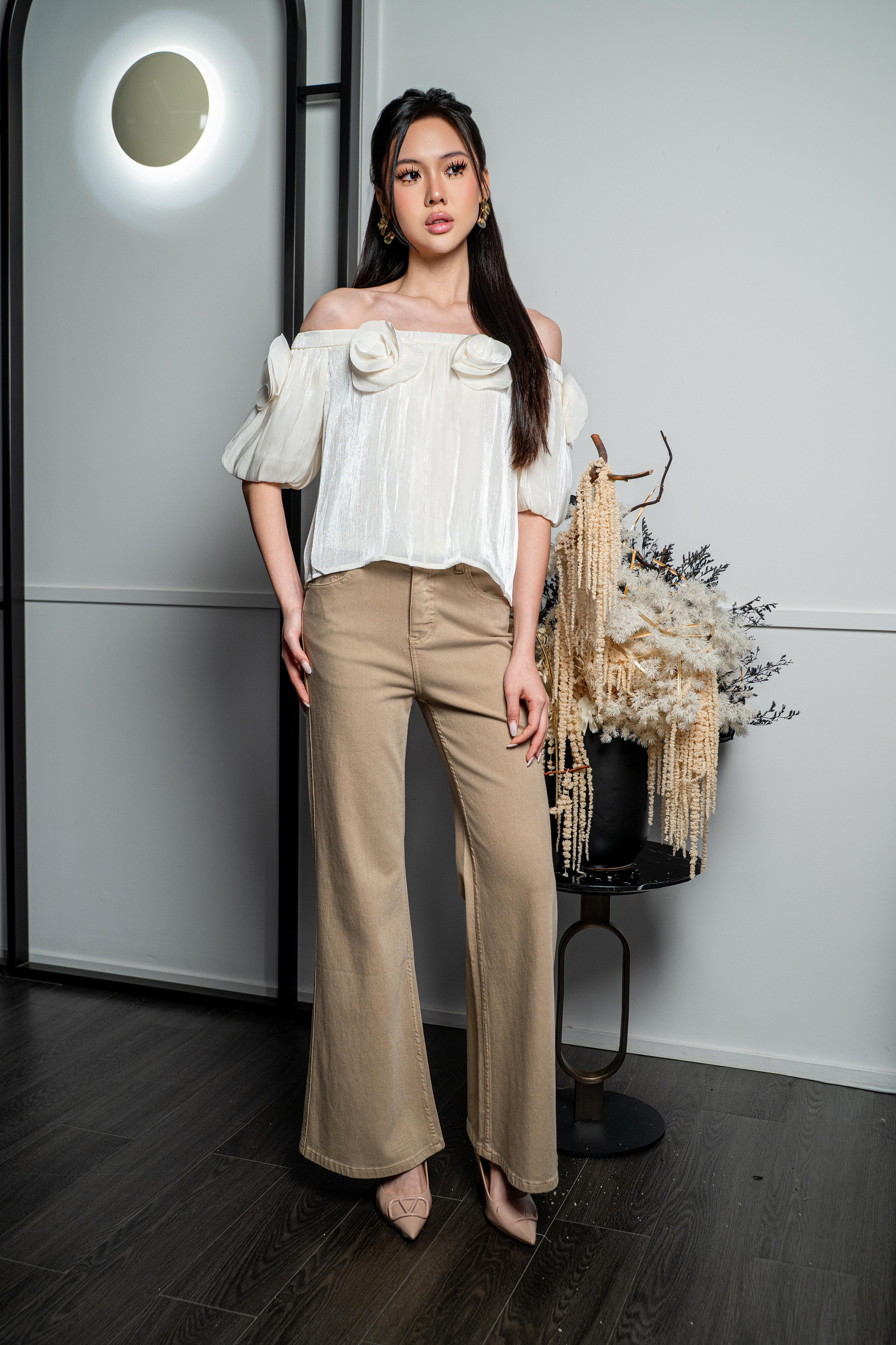 Rosette Ruched Off-Shoulder Top MC2174