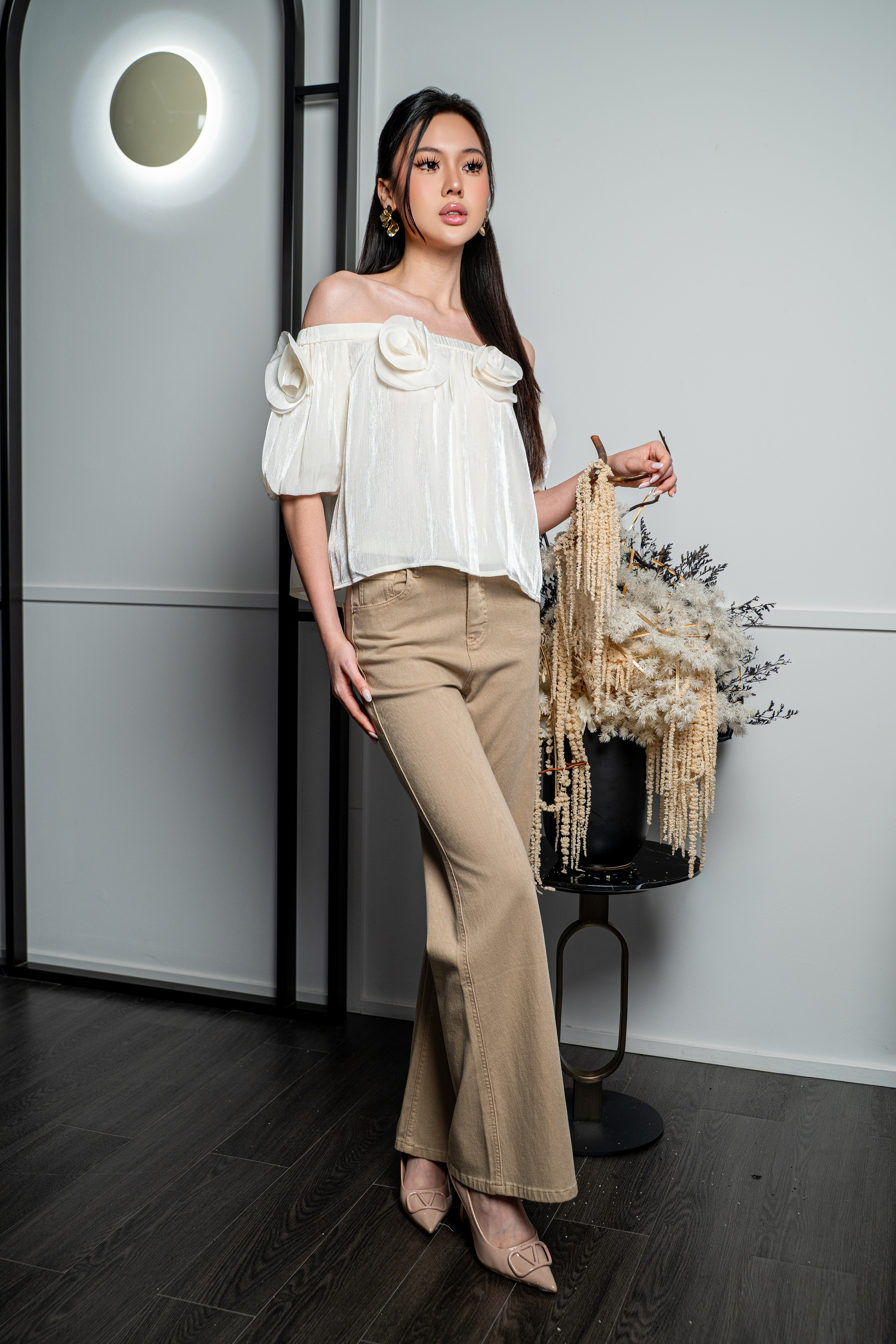 Rosette Ruched Off-Shoulder Top MC2174
