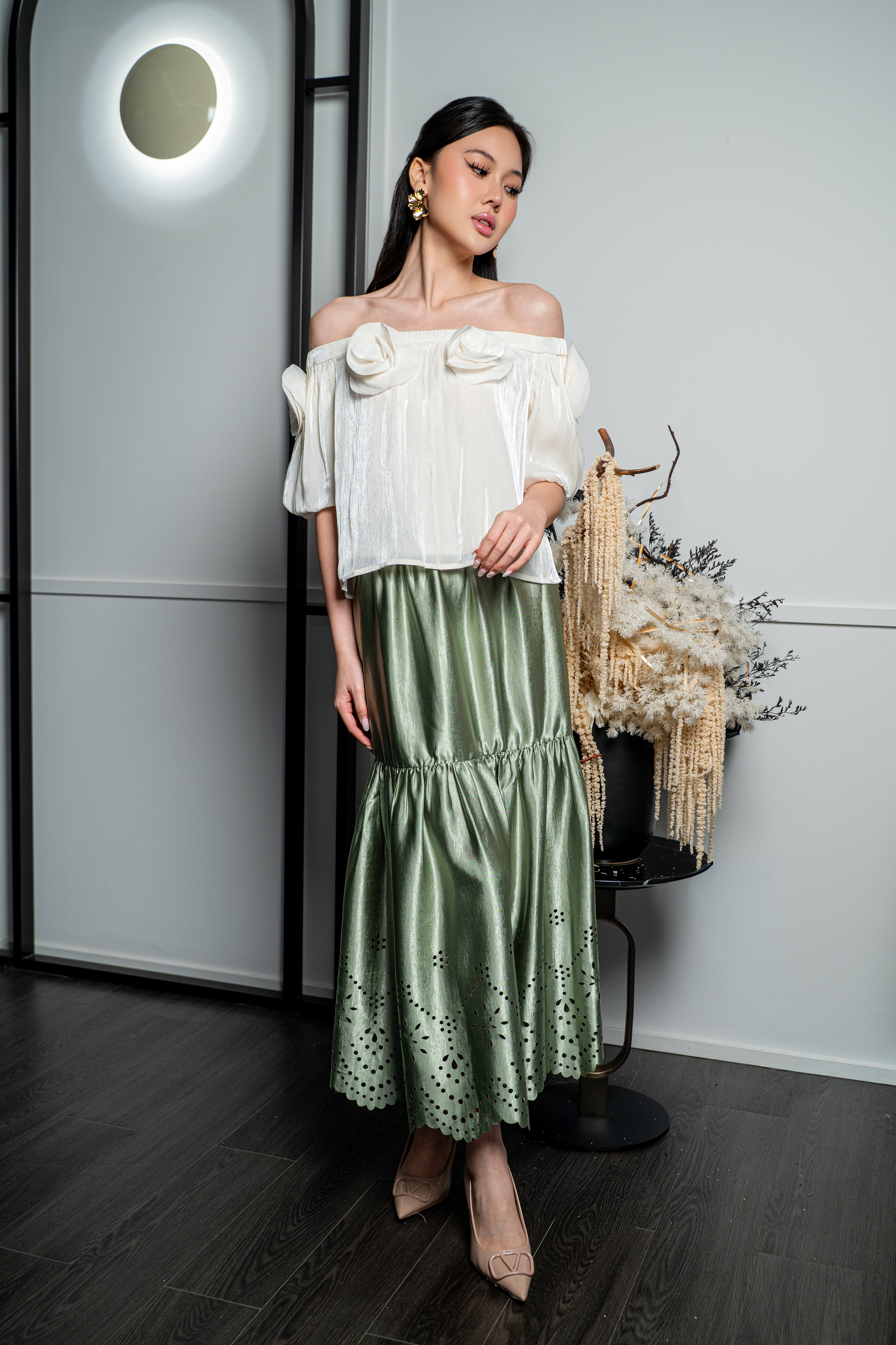 Rosette Ruched Off-Shoulder Top MC2174