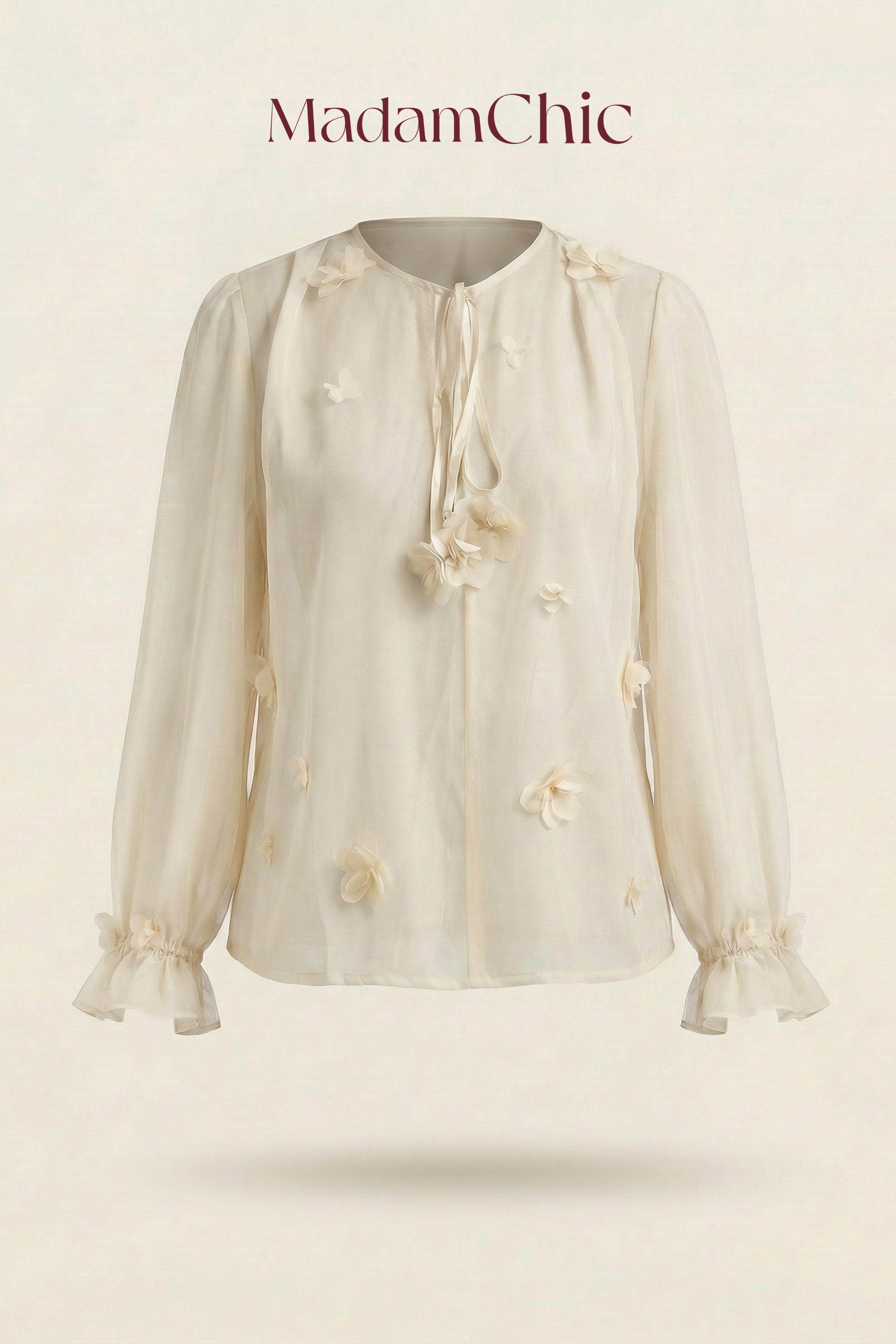Sheer Floral Tie-Neck Top MC2146