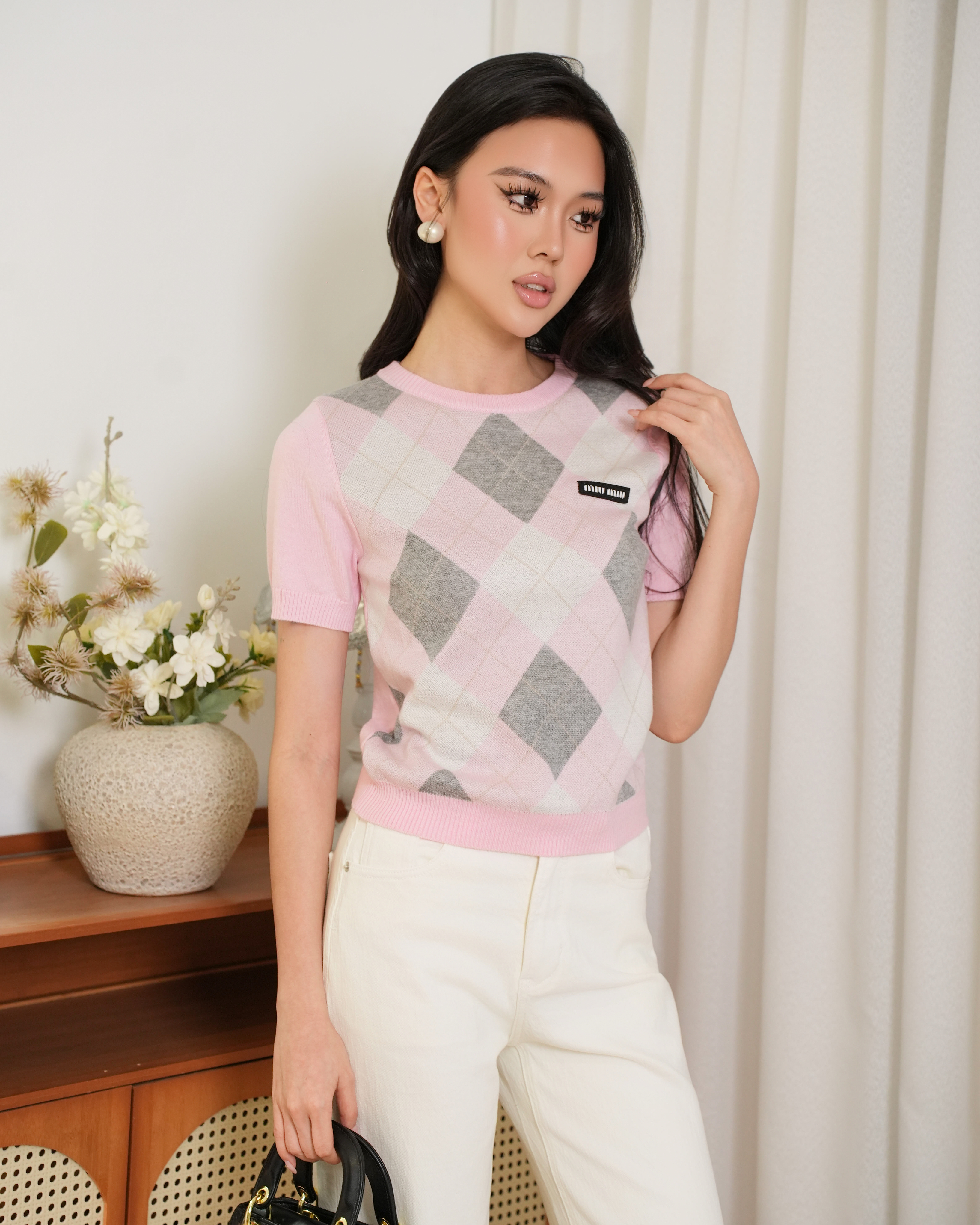 Rosé Argyle Knit Top 2721