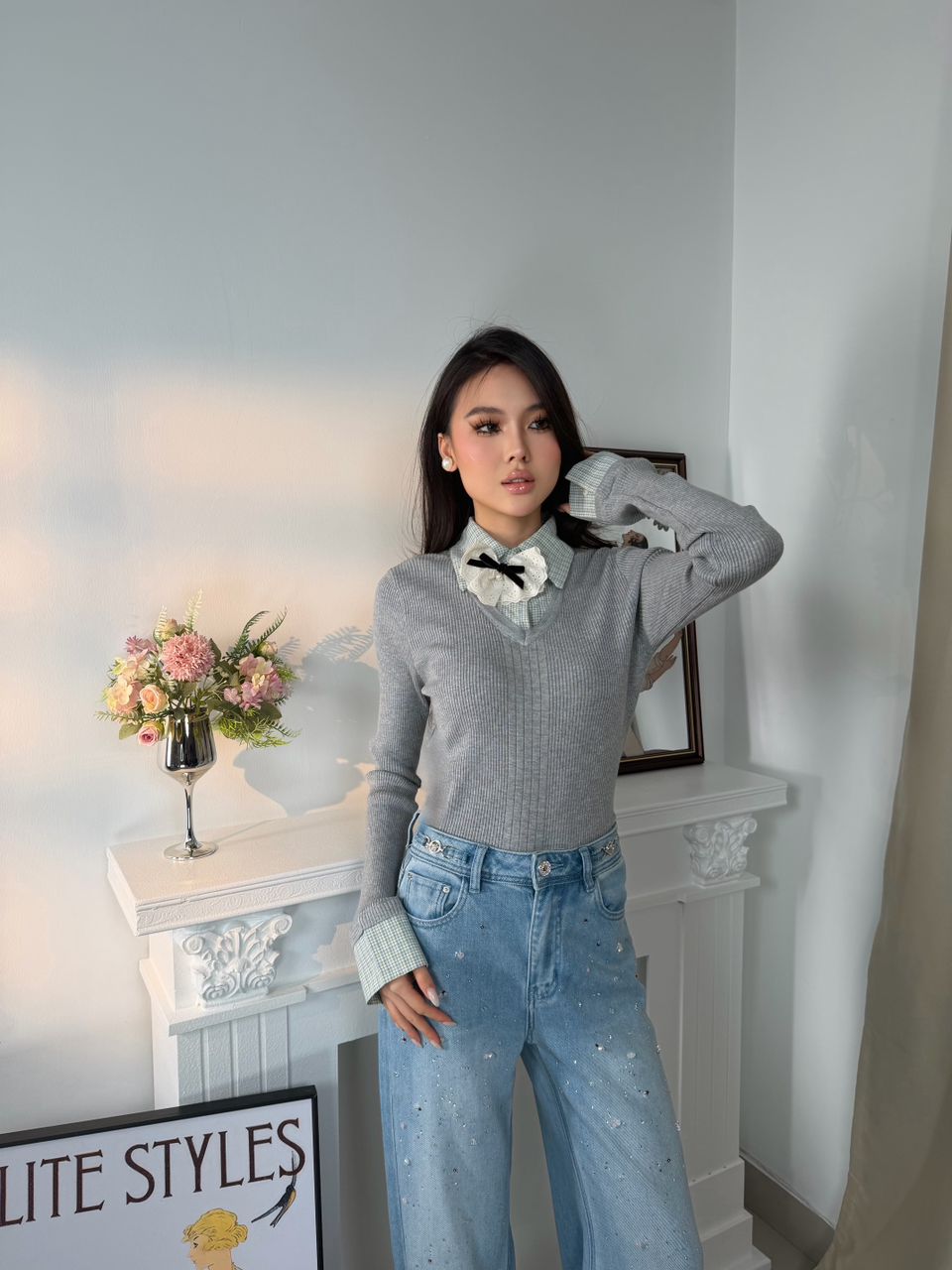 Contrast Collar & Bow Top MC2103