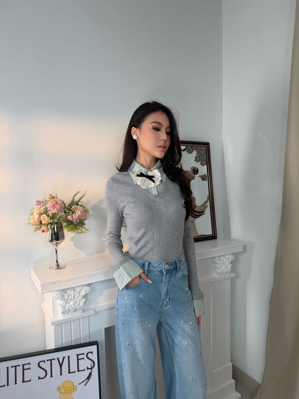 Contrast Collar & Bow Top MC2103