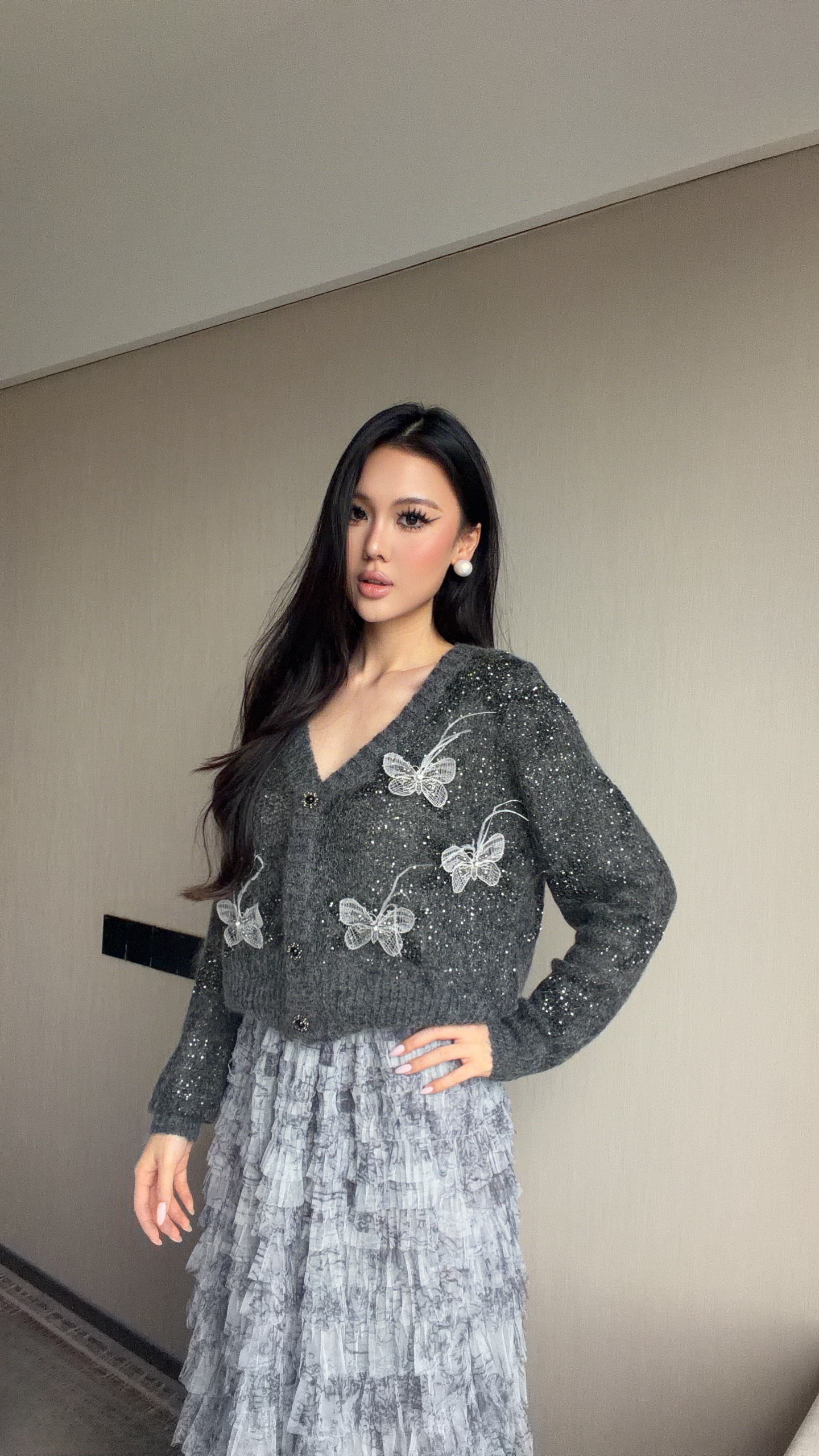 Butterfly Applique Mohair Cardigan 2230