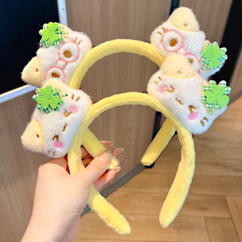 新款奶黃色髮箍卡通可愛貓咪毛絨洗臉壓秋冬款百搭毛茸茸頭箍髮飾