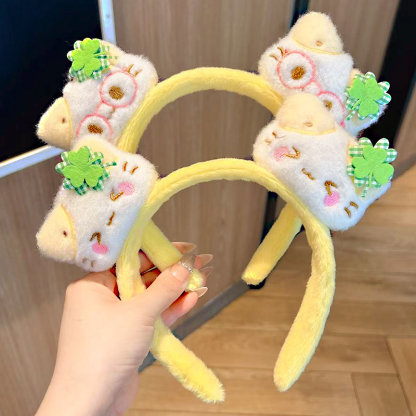 新款奶黃色髮箍卡通可愛貓咪毛絨洗臉壓秋冬款百搭毛茸茸頭箍髮飾